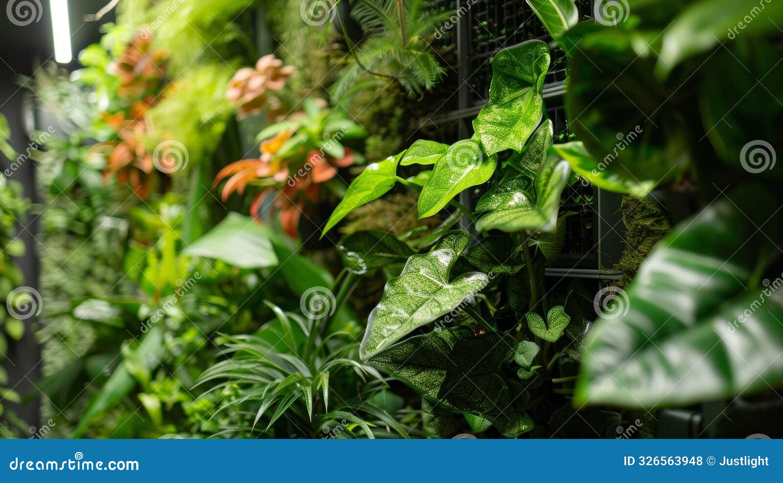 the terrarium wall boasts an array of tropical plants transporting you to a lush rainforest within the confines of your