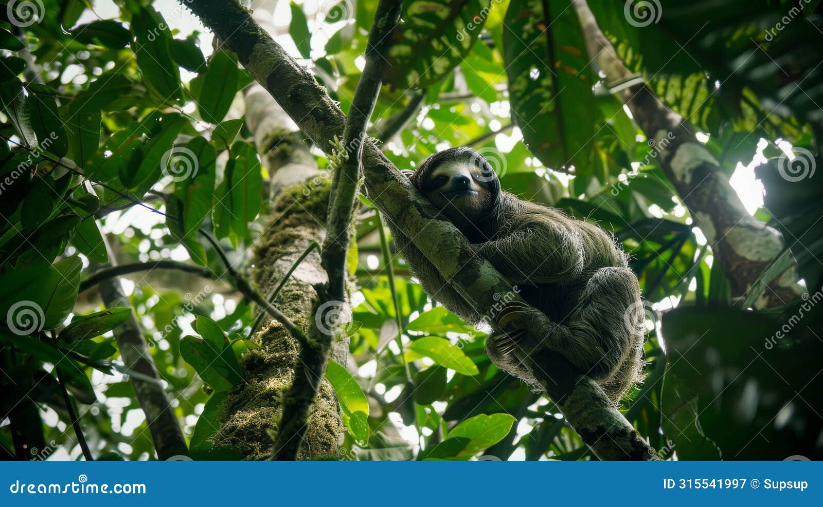 a primate lounges on a jungle tree branch among wildlife