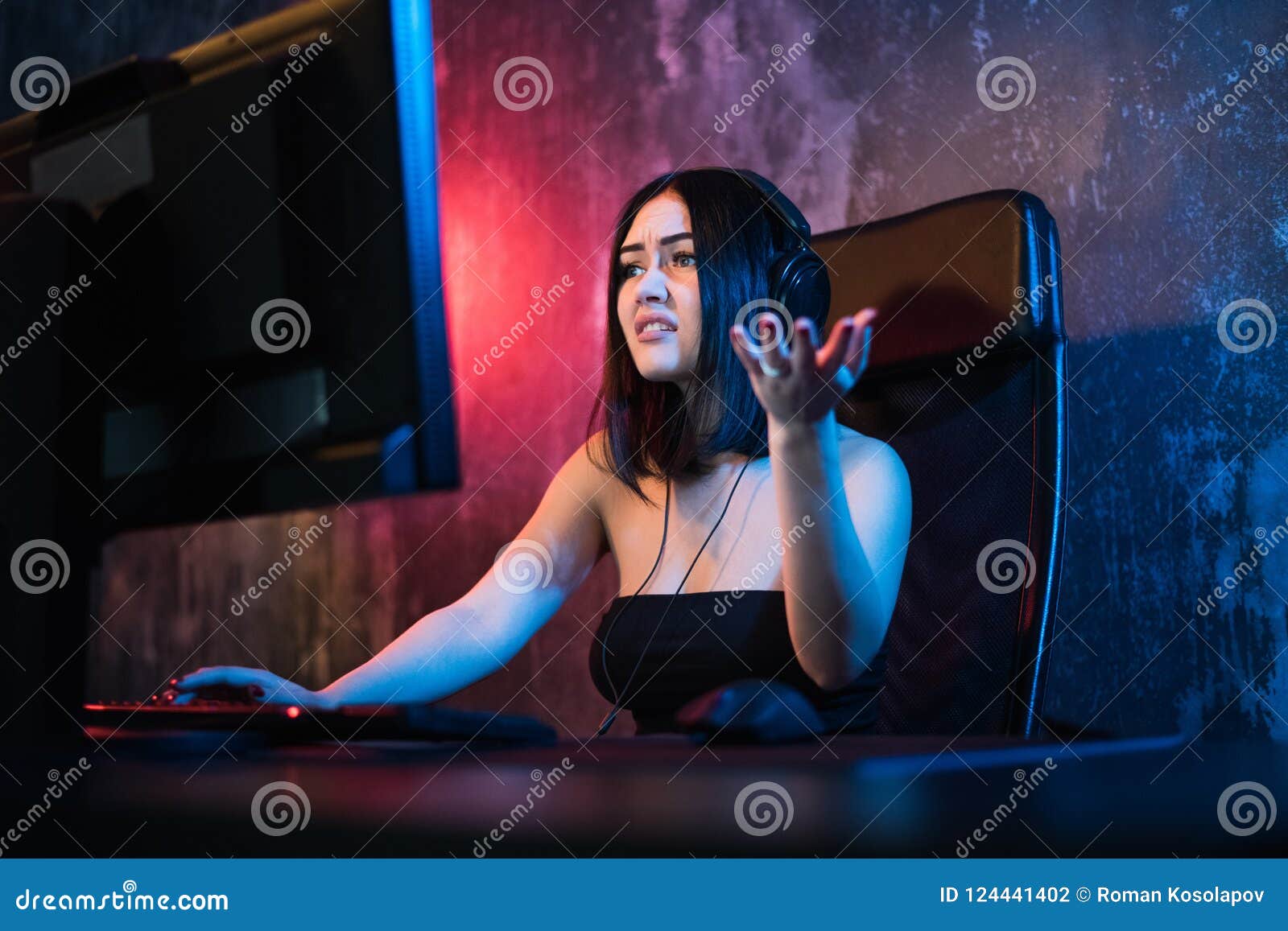 Terrified Gamer Plays Games On Your Computer An Emotional Young Woman