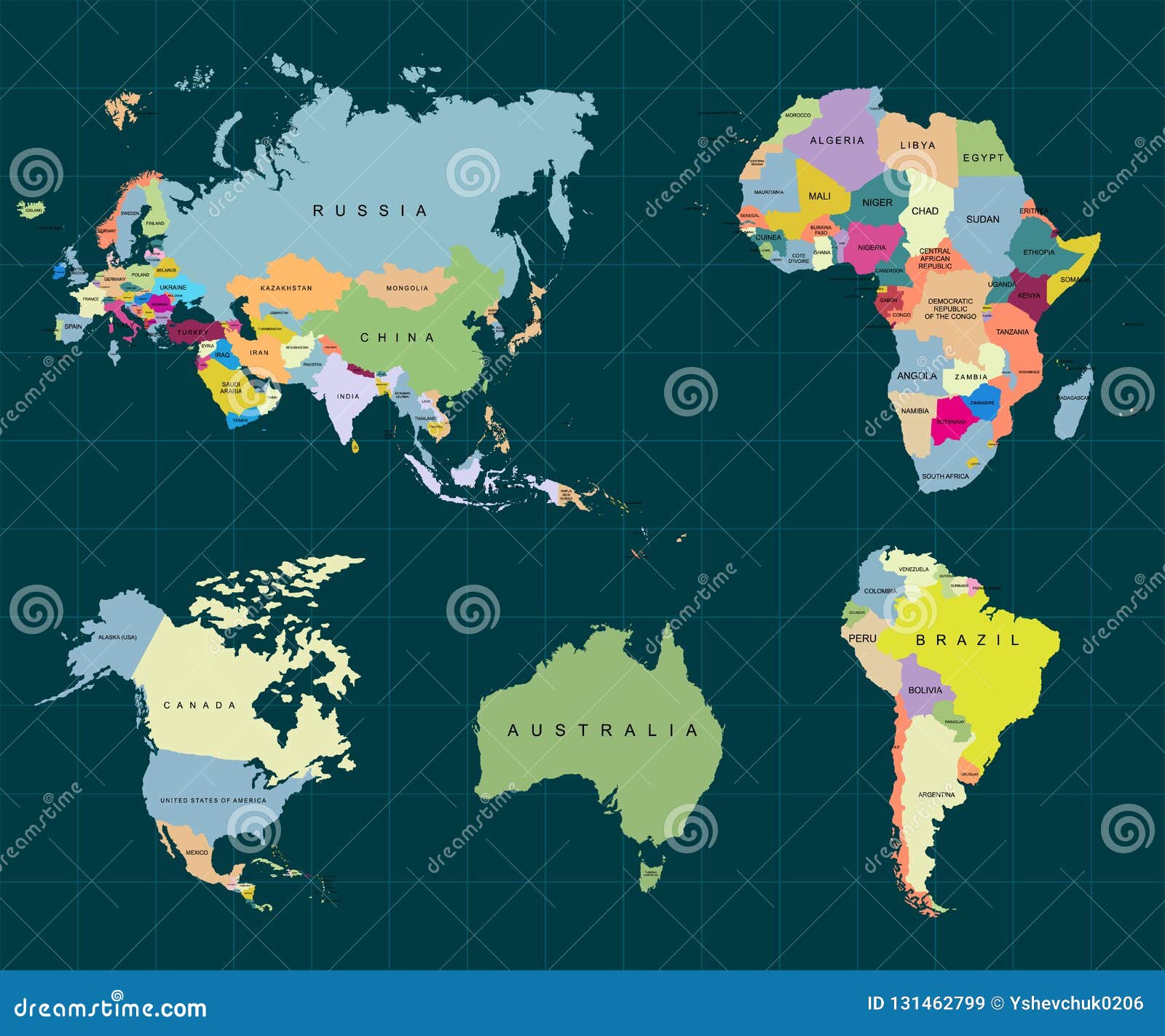 Mapas da América do Sul e Norte, Europa, EUA, Ásia