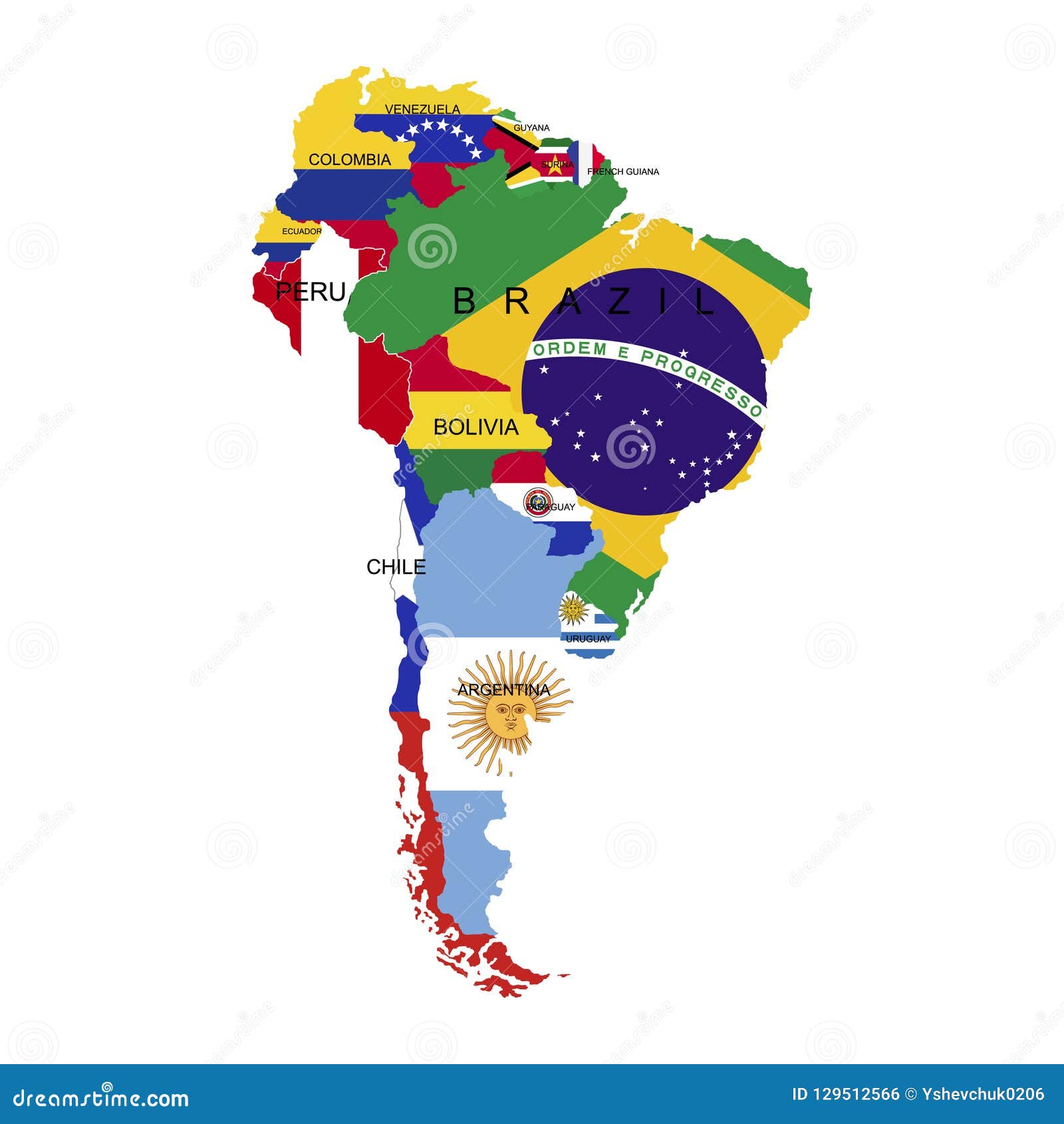 territory of south america continent. separate countries with flags. list of countries in south america. white background. 