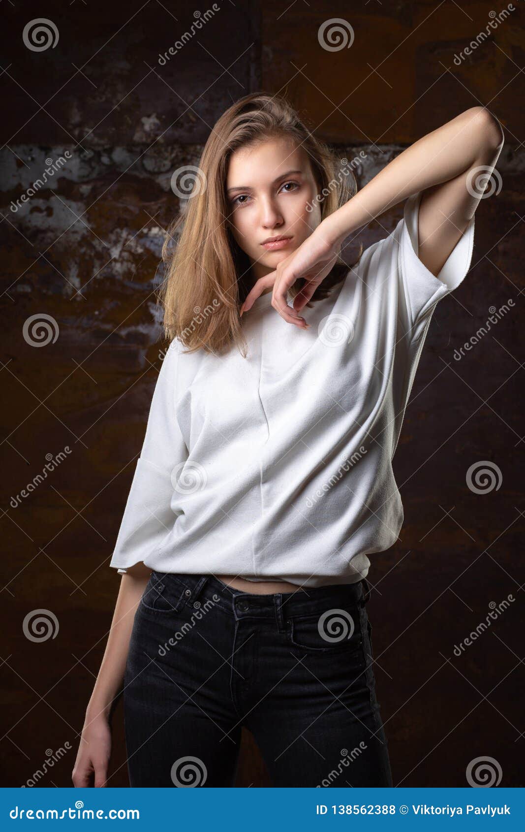 Test Shooting for Pretty Young Model Wears Jeans and Shirt Stock Photo ...