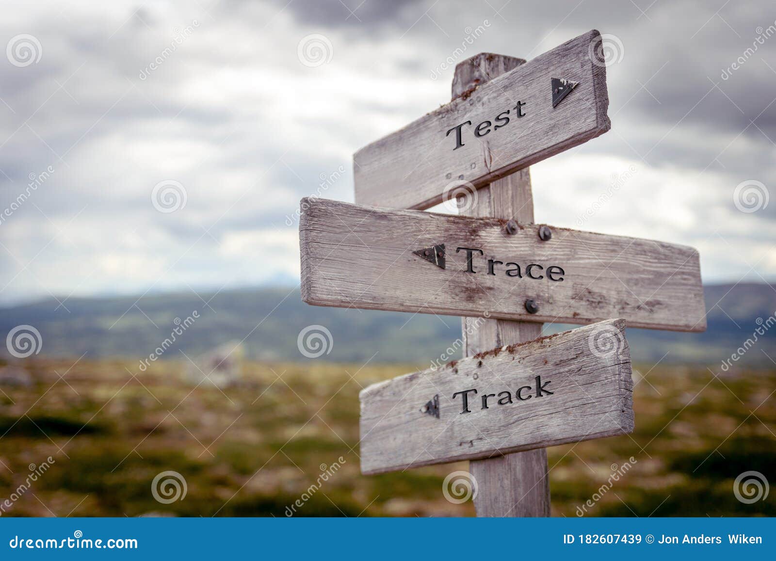 test trace track text engraved on old wooden signpost outdoors in nature