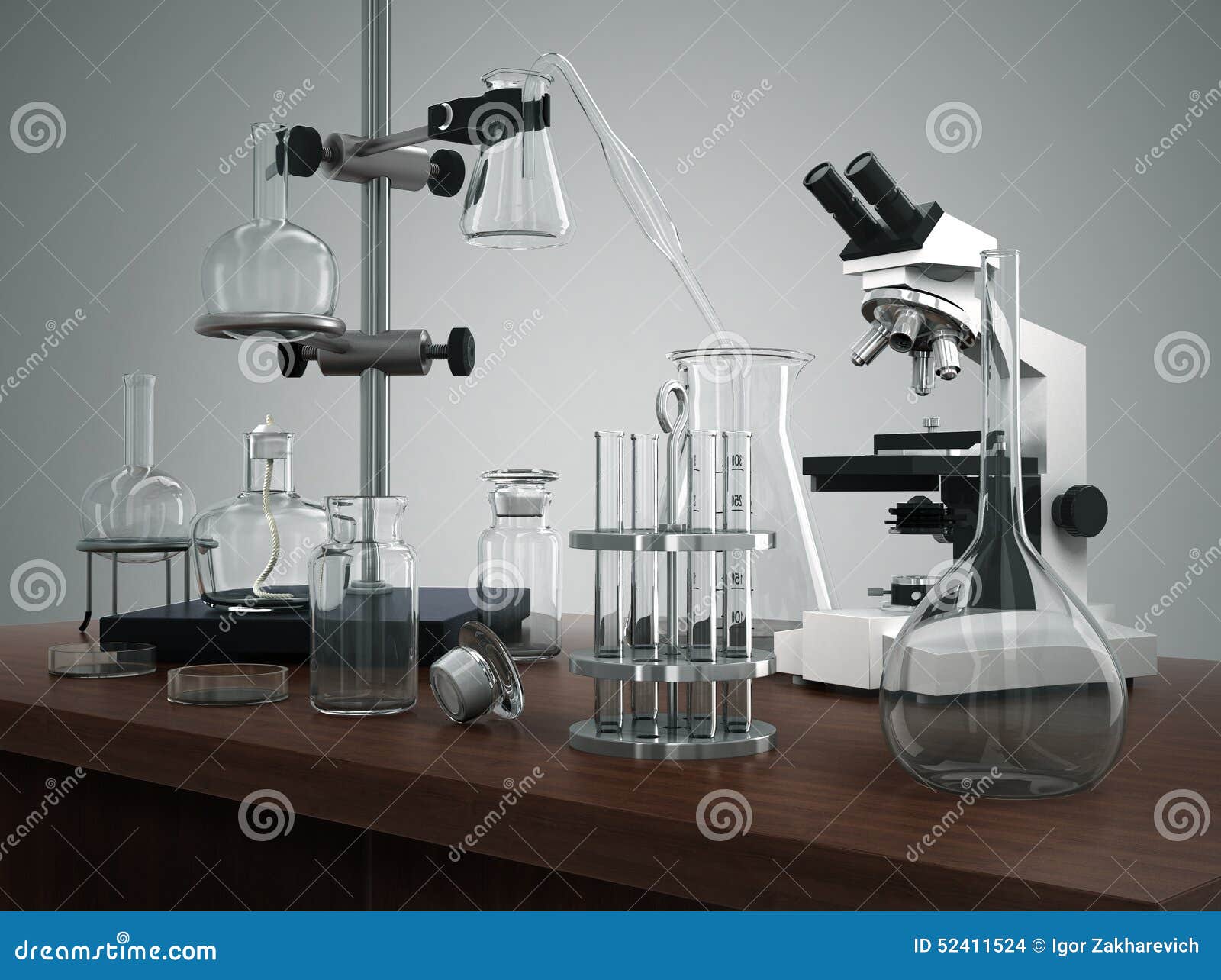 Test Tubes with Laboratory Equipment and Microscope on the Table Stock Illustration