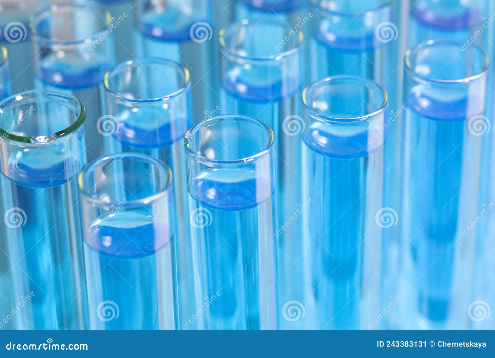 Test Tubes with Light Blue Reagents. Laboratory Analysis Stock Image