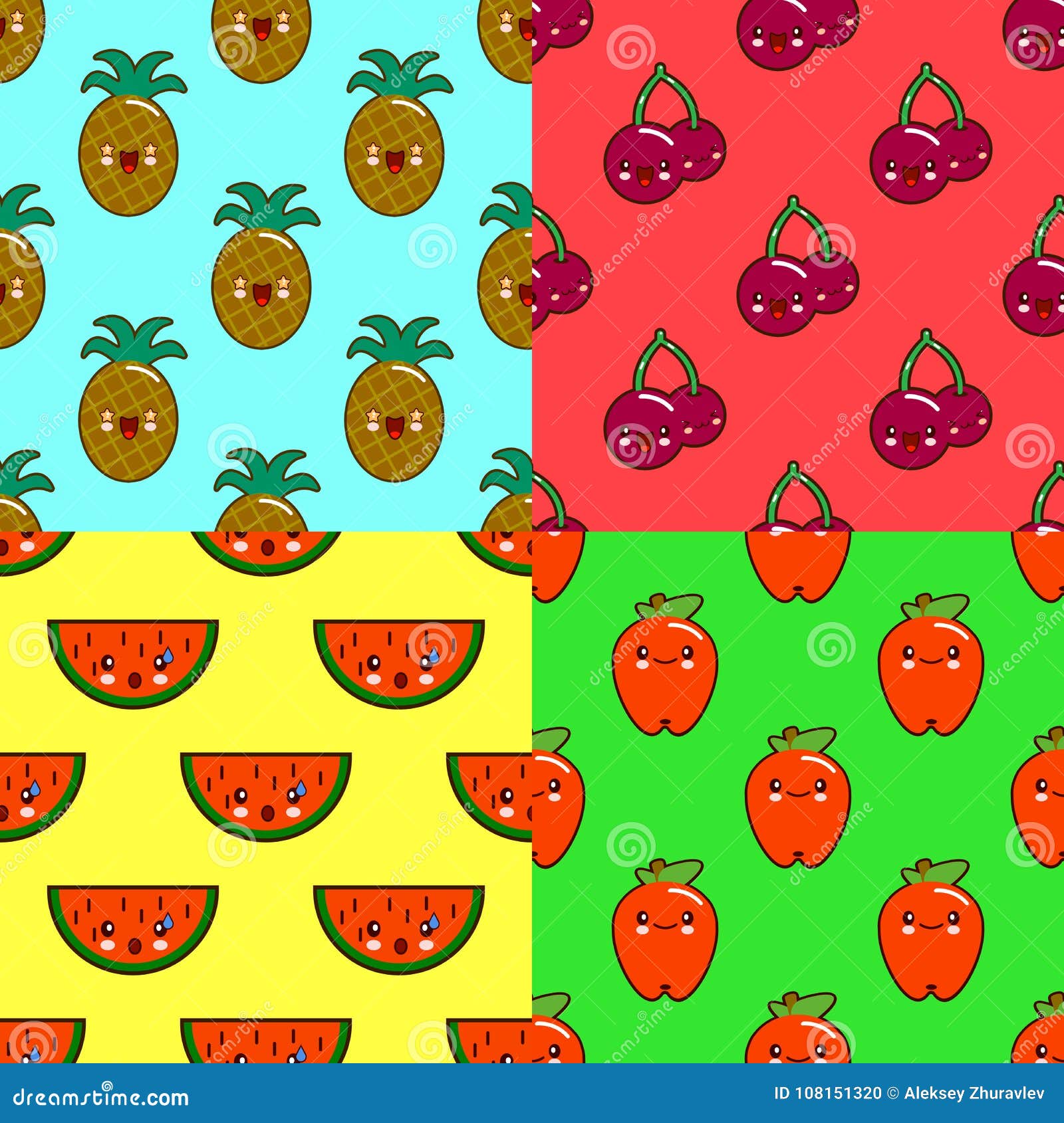 Conjunto De Adesivos Com Frutas Kawaii Fofas. Ilustração Stock