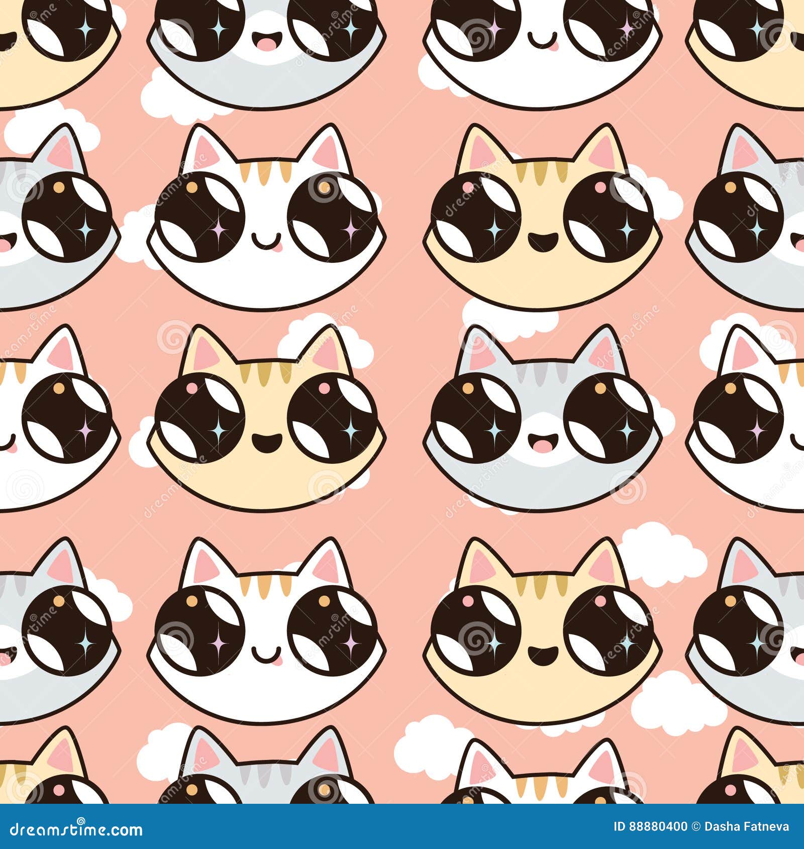 Textura Sem Emenda Do Vetor Com Gato Kawaii E Acessórios. Mão