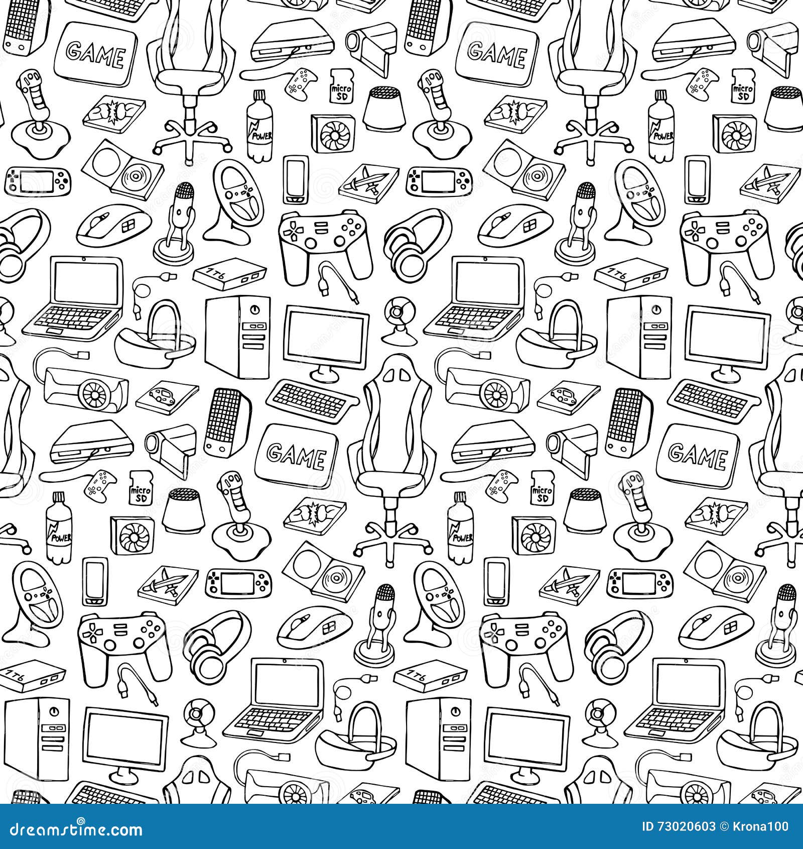 Conjunto de doodle de gadget de jogador desenhado à mão isolado em branco