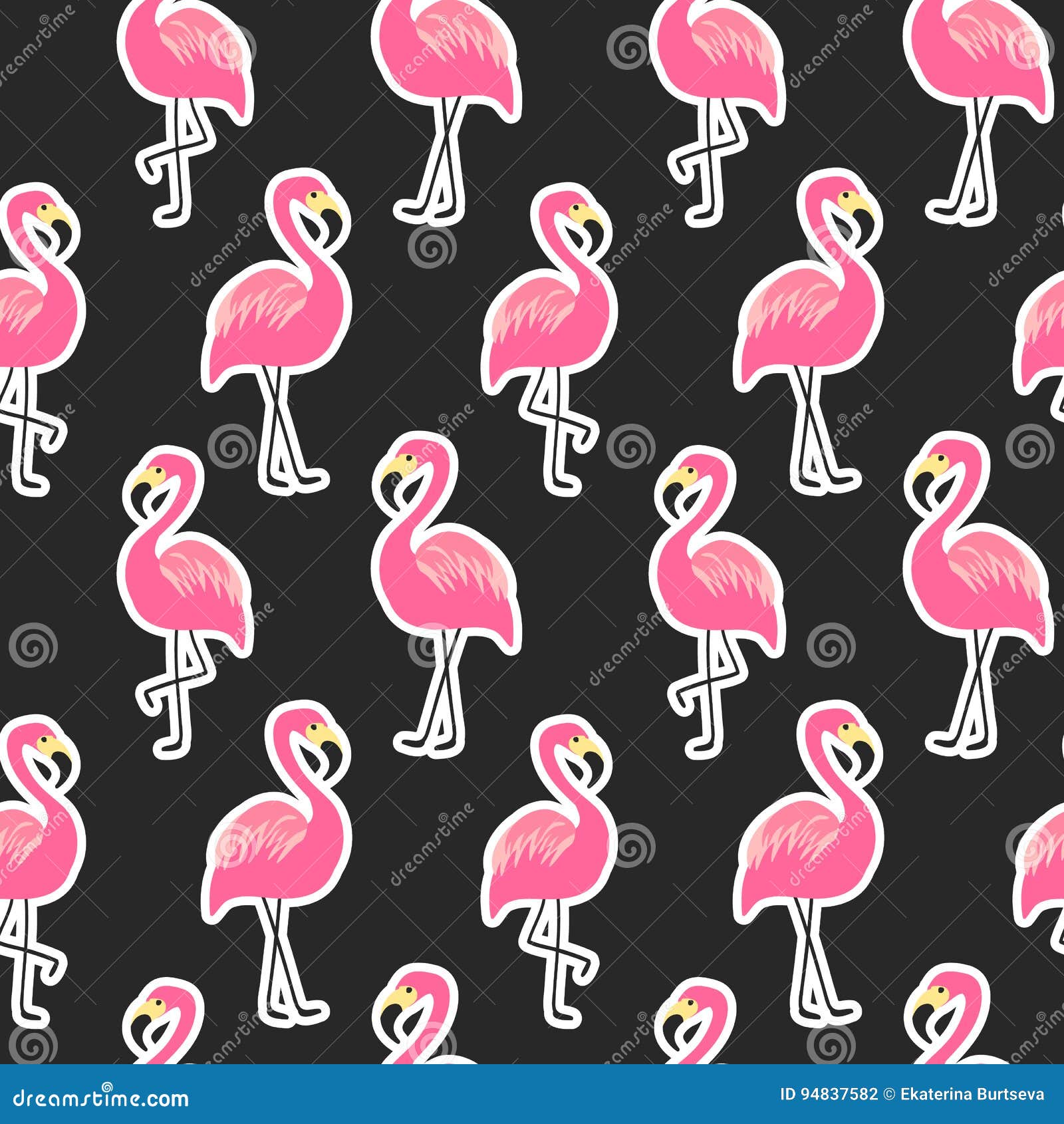 Teste padrão sem emenda bonito com etiquetas do flamingo no fundo preto, cópia na moda da forma