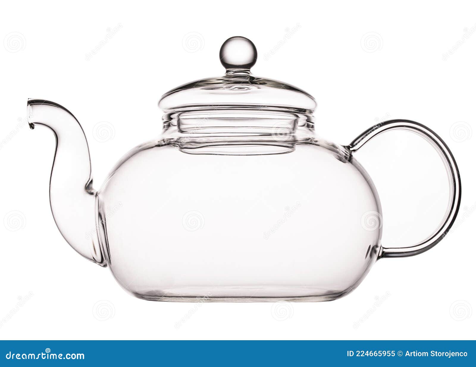 Tetera de cristal transparente con té negro y taza de té vacía