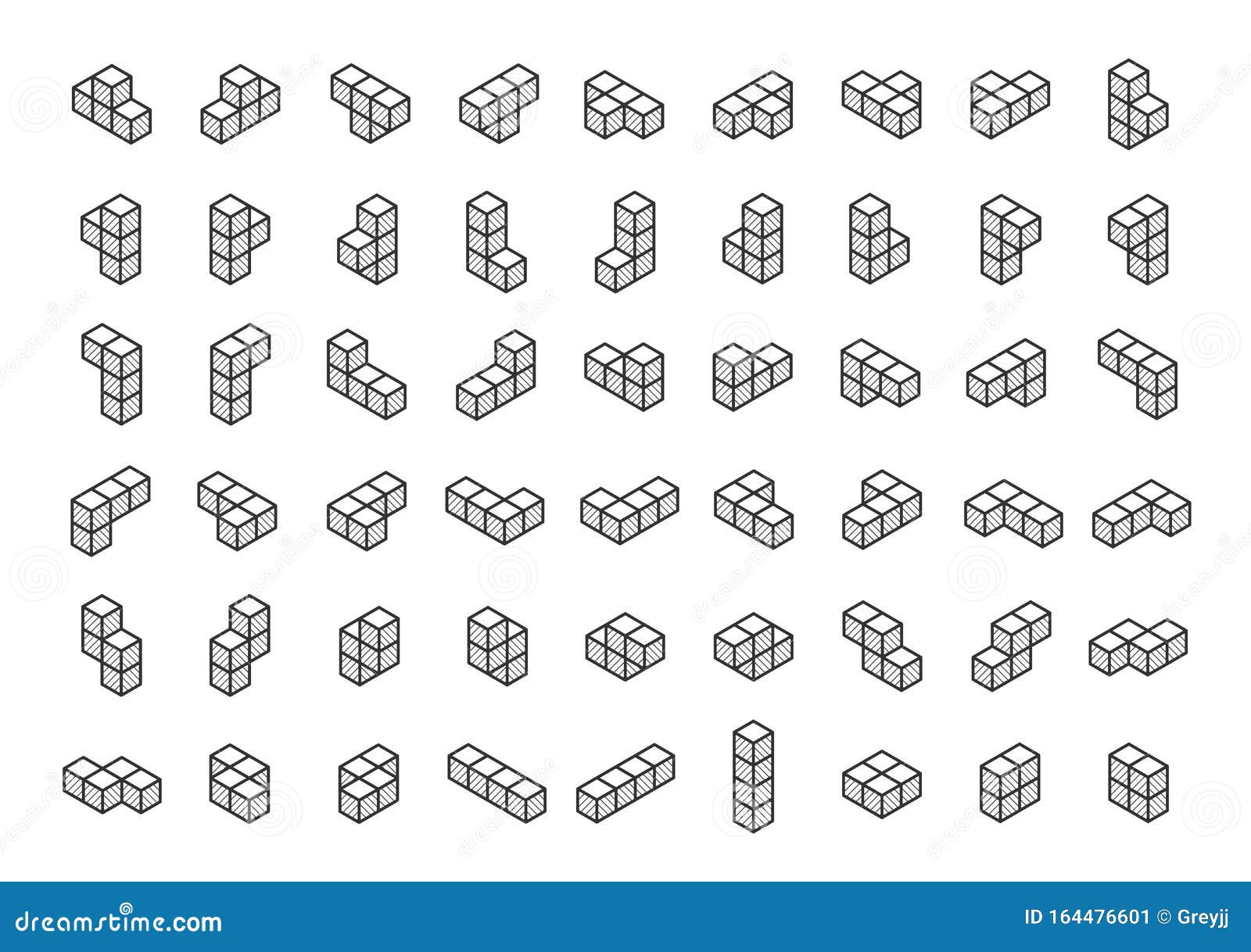 tetromino blocks in isometry icons in thin line style
