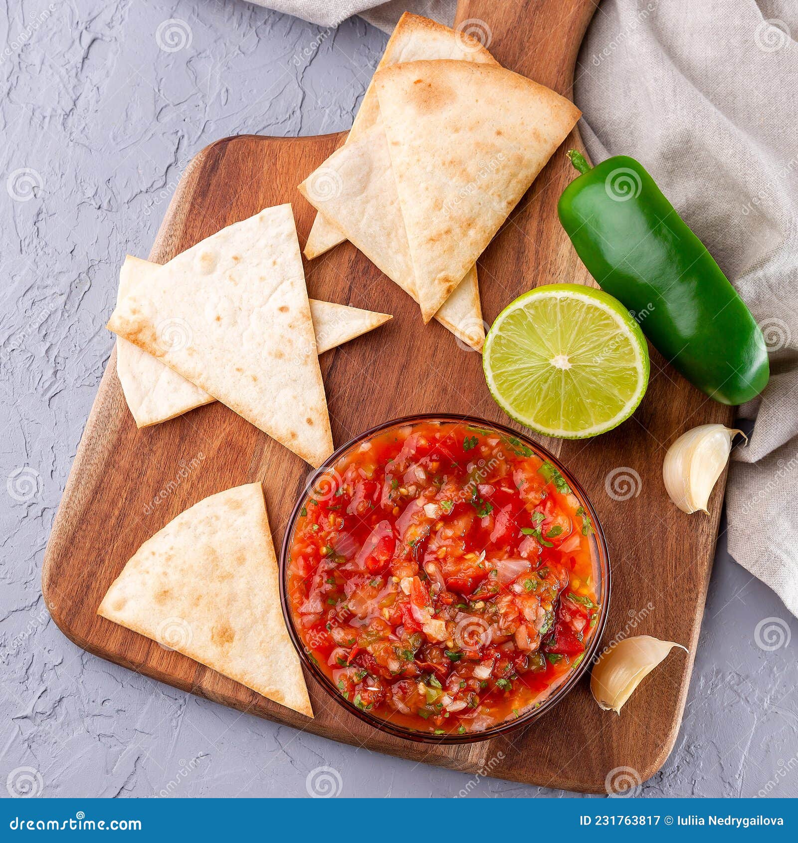 TexMex Cuisine, Salsa Asada Sauce with Tortilla Chips and Lime, Top