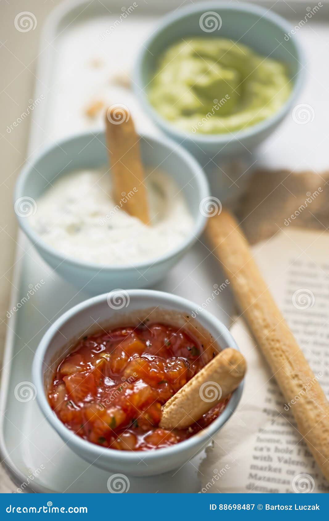 Tex Mex Salsa, Sour Cream with Chives and Avocado Dips Served with