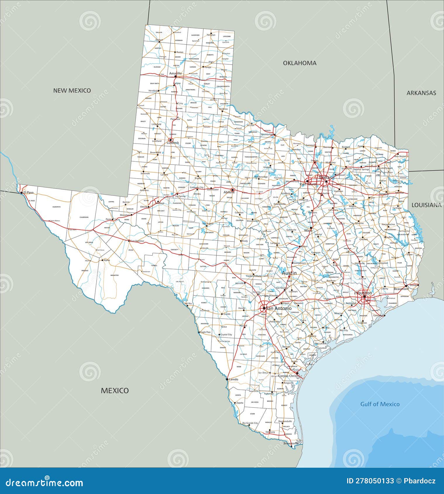 Detailed Texas Road Map with Labeling. Stock Vector - Illustration of
