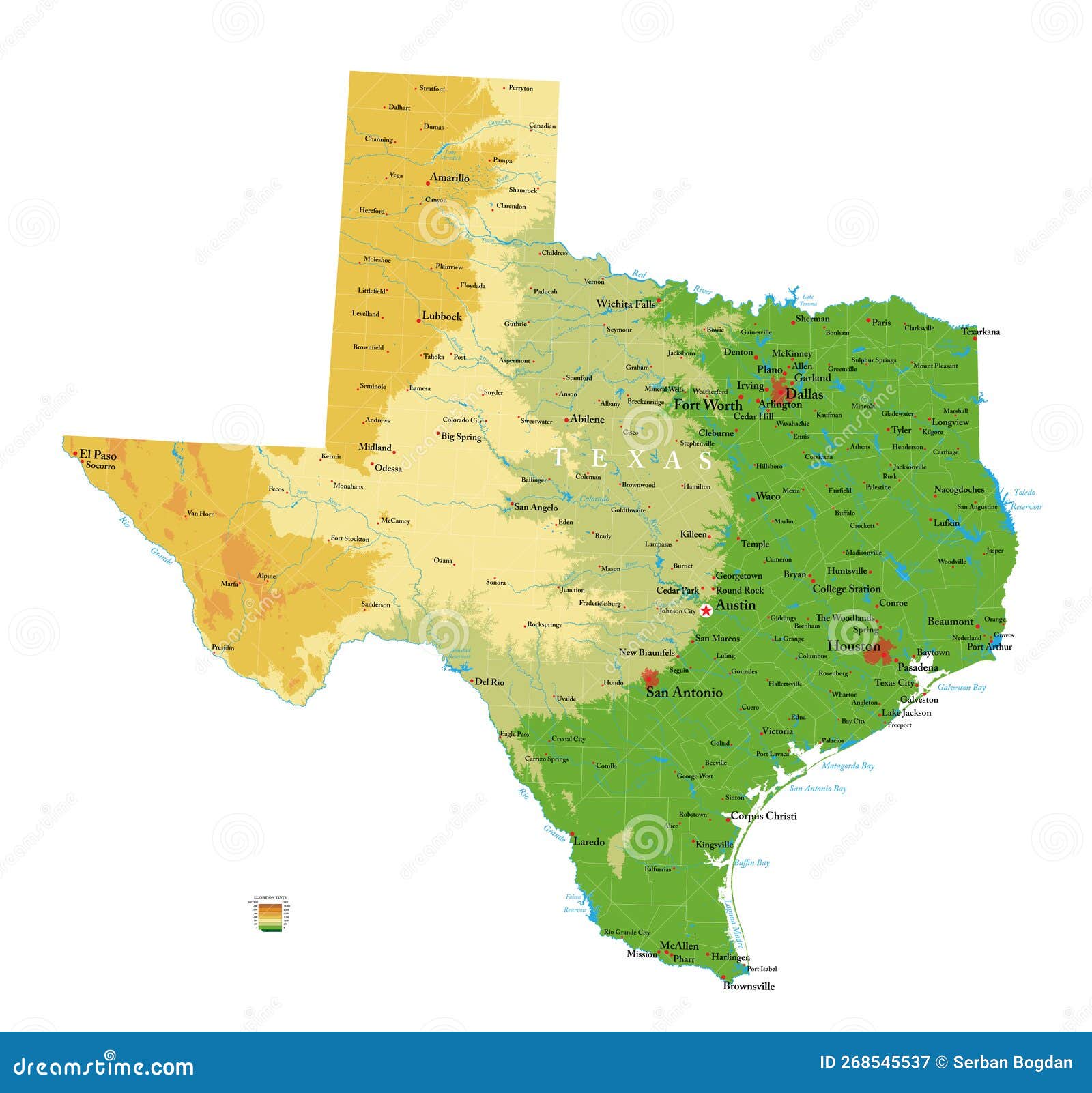 Texas Highly Detailed Physical Map Stock Vector Illustration of outline, lake 268545537