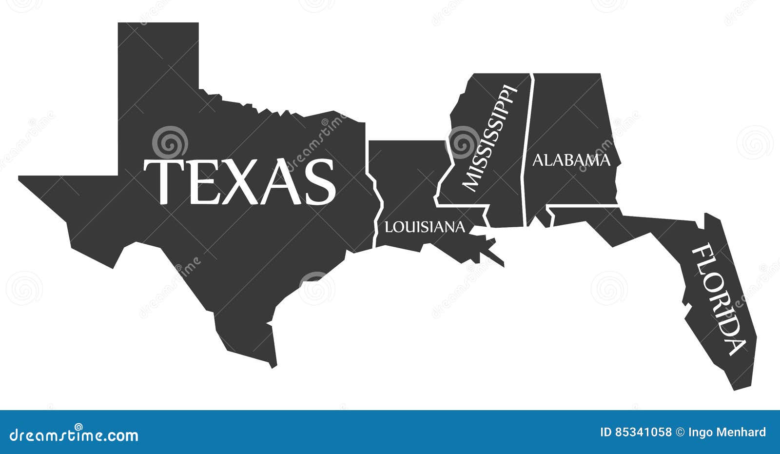 Texas - Louisiana - Mississippi - Alabama - Florida Map Labelled