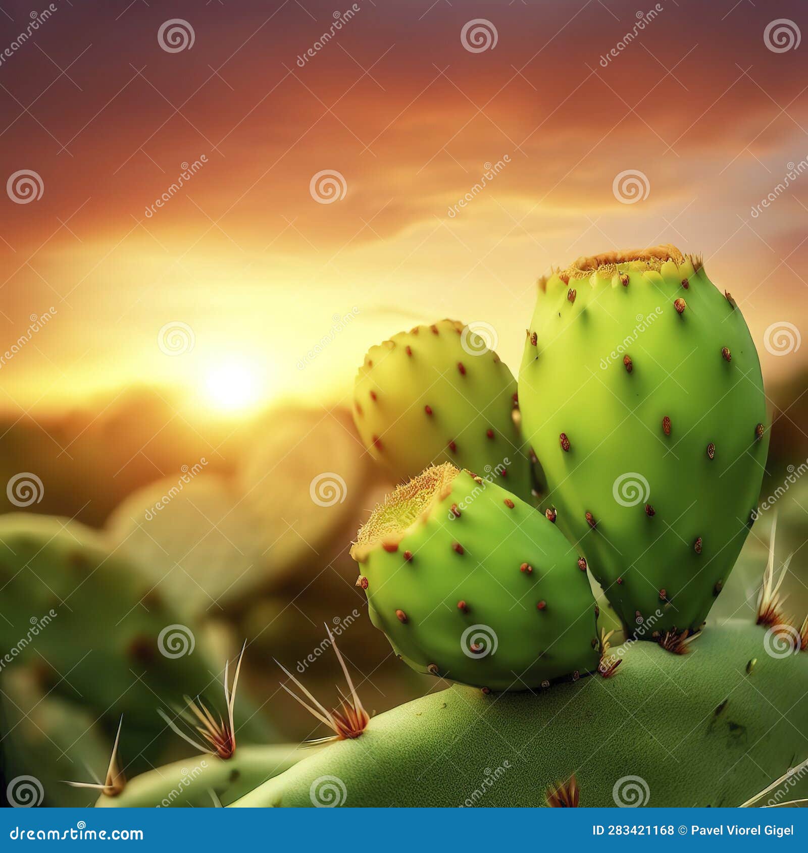 Texas Prickly Pear Cactus with Green Fruit with Sunset Background Stock
