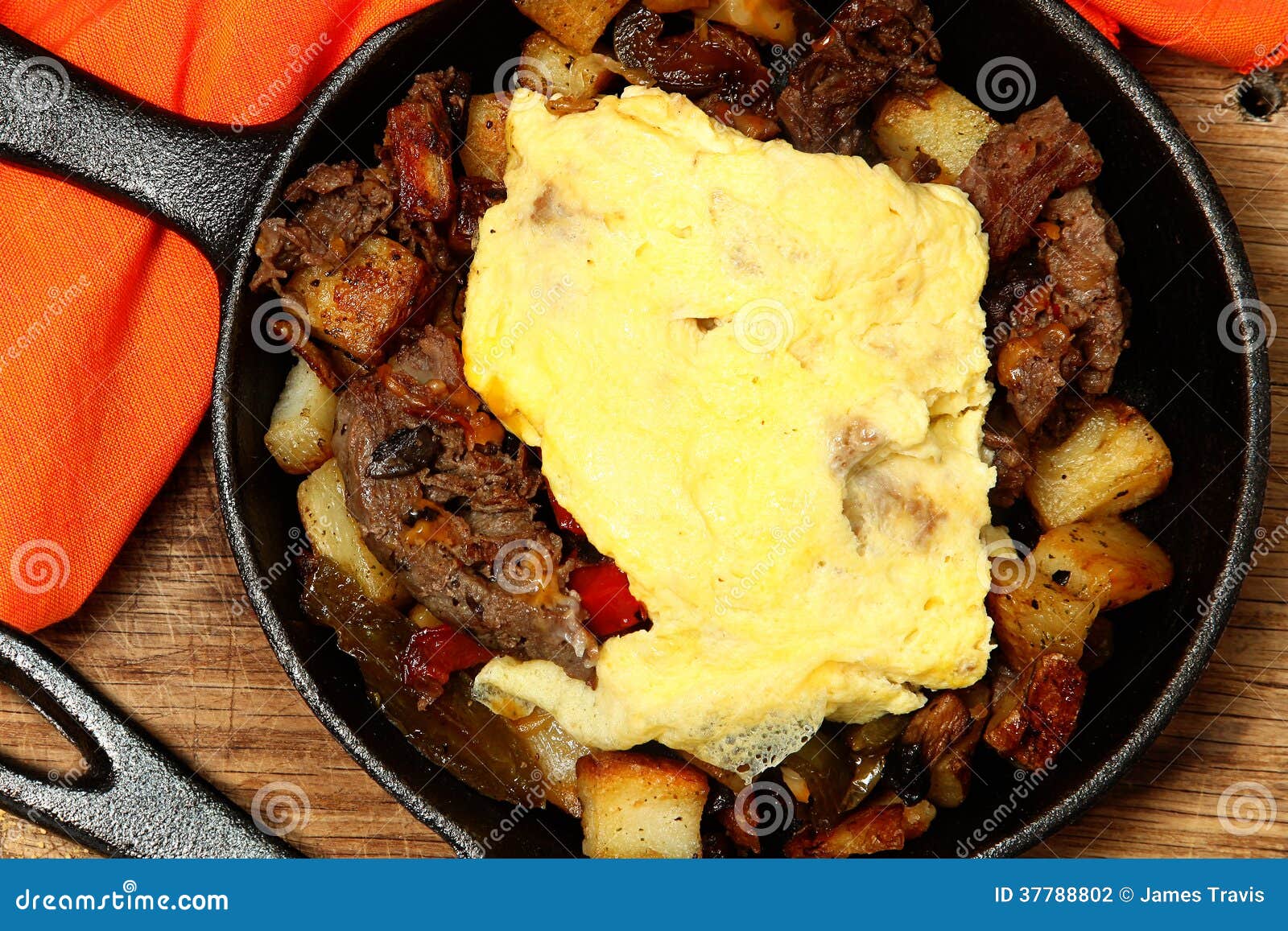 Texas Skillet Breakfast with Steak, Potato and Egg Stock Photo Image