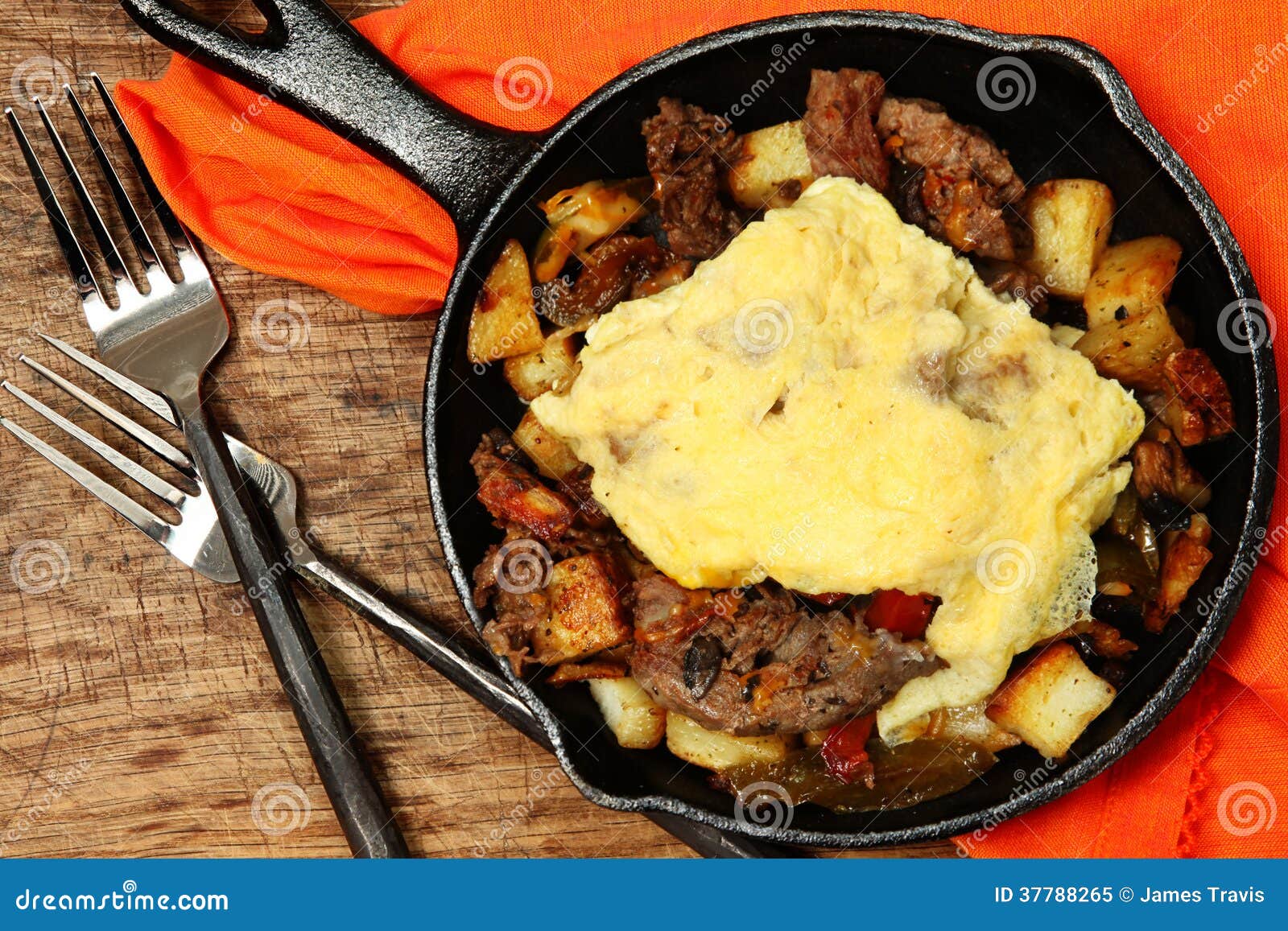 Texas Skillet Breakfast with Steak, Potato and Egg Stock Image Image