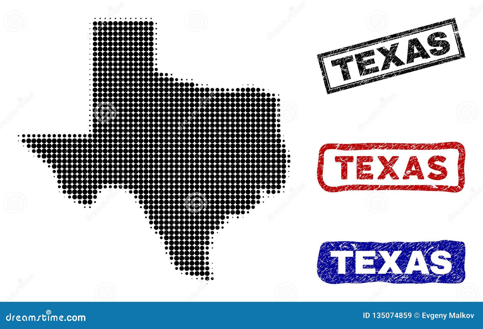 Texas State Map in Halftone Dot Style with Grunge Title Stamps Stock