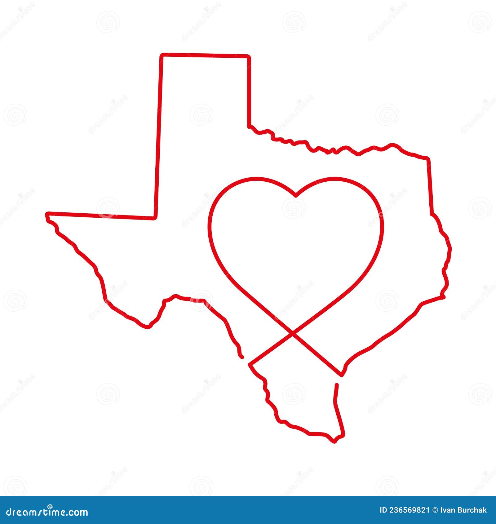 Texas US State Red Outline Map with the Handwritten Heart Shape. Vector ...