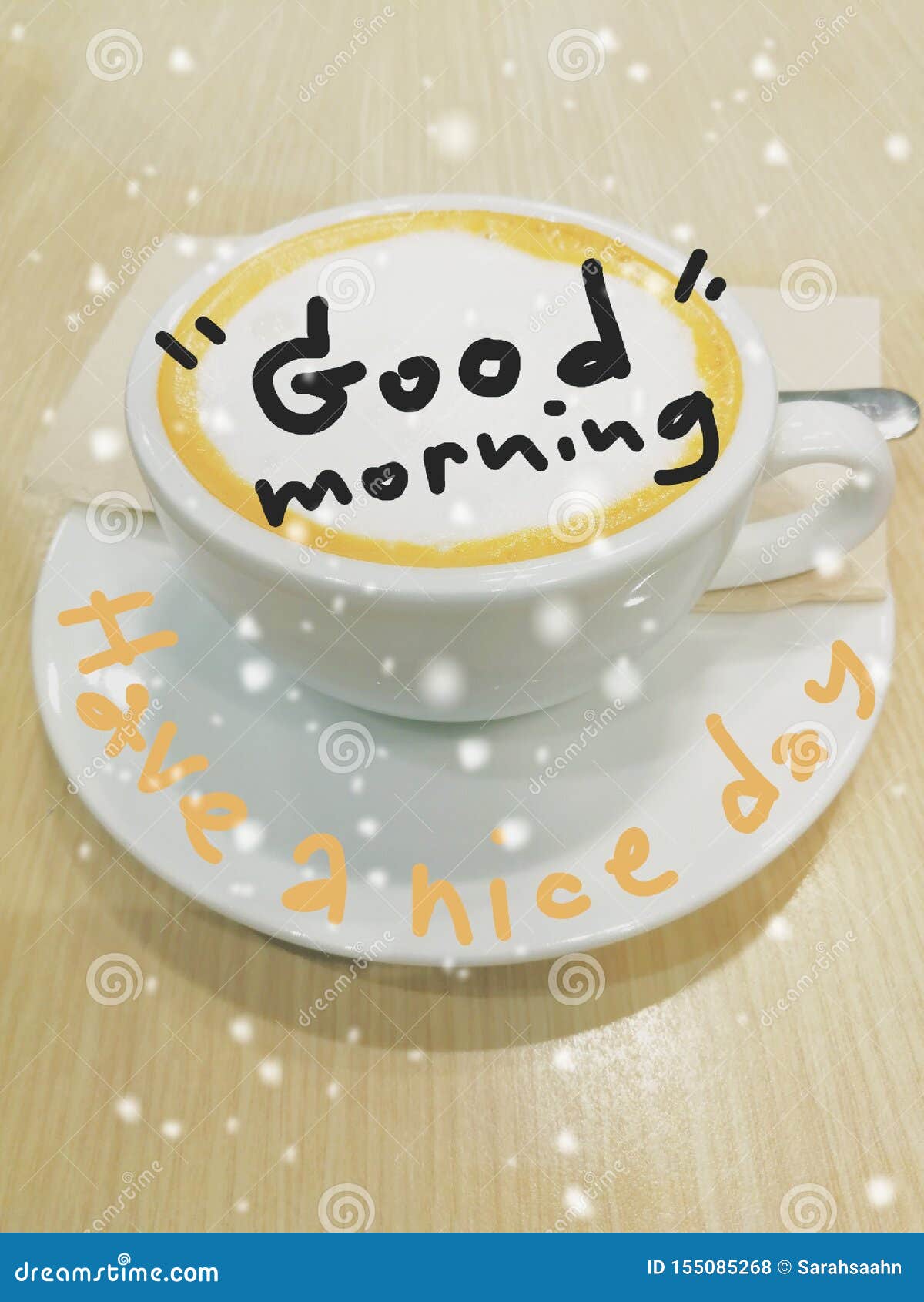 Text Auf Einer Tasse Kaffee Der Sagt Guten Morgen Haben Sie Einen Schonen Tag Stockfoto Bild Von Getrank Relax 155085268