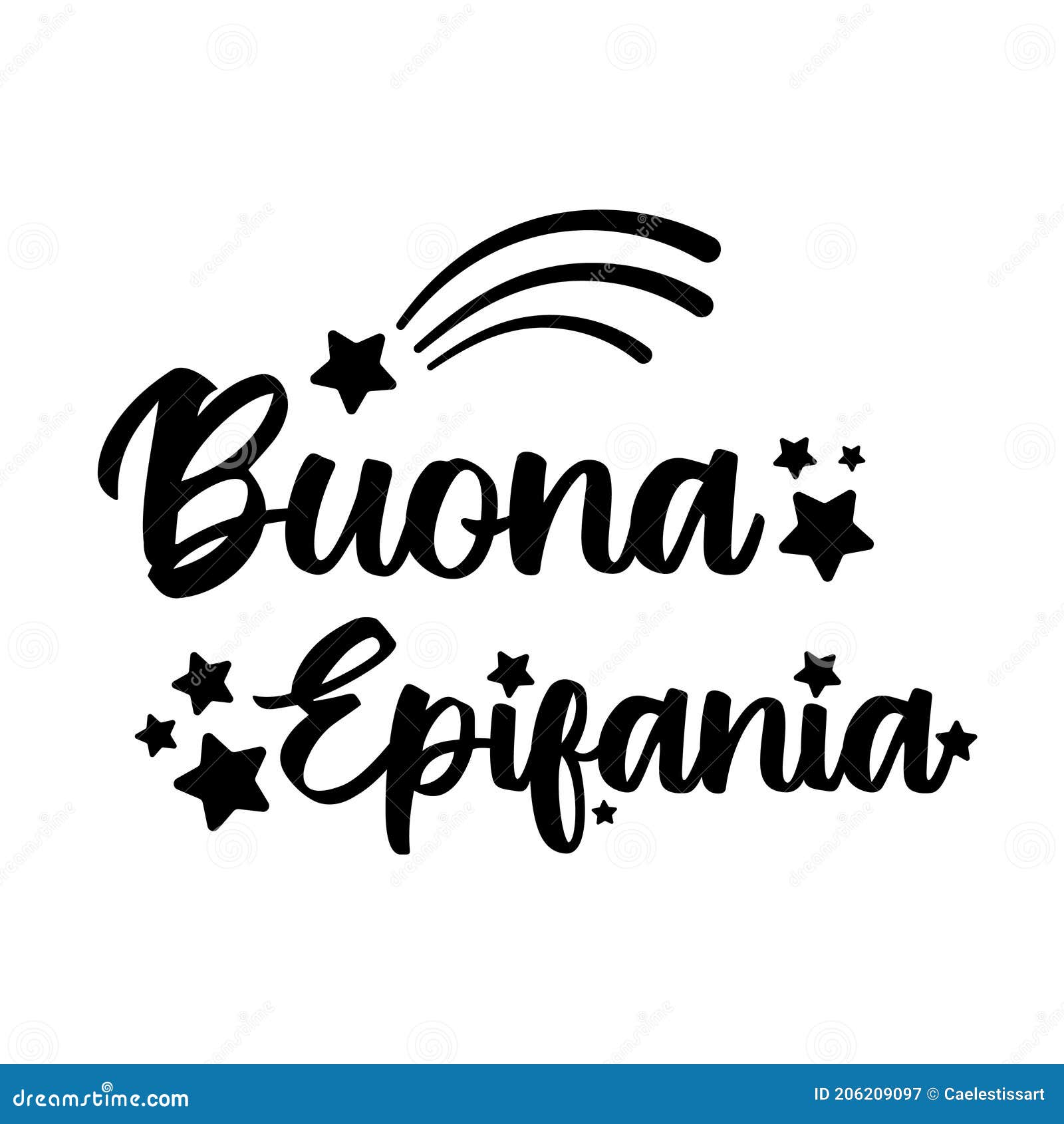 text buona epifania - italian translation - happy epiphany. ink lettering decorated with stars and comet s. festive cute