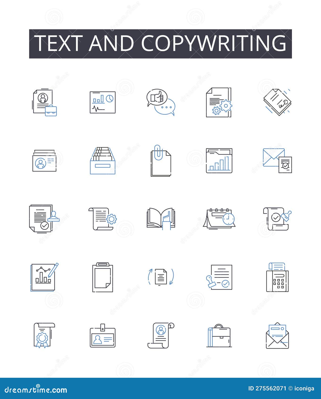 text and copywriting line icons collection. wordsmithing, writing, scripting, authoring, composing, penning, drafting