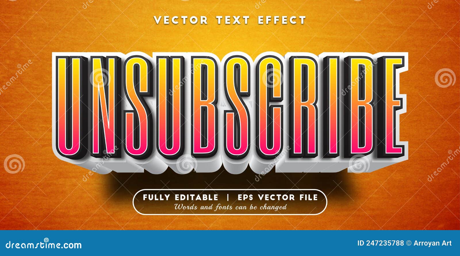 Text Effect 3D Unsubscribe, Editable Text Style Stock Vector