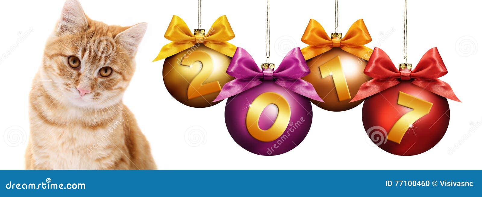 2017 Text Ginger Cat with Christmas Balls with Ribbon Stock Photo