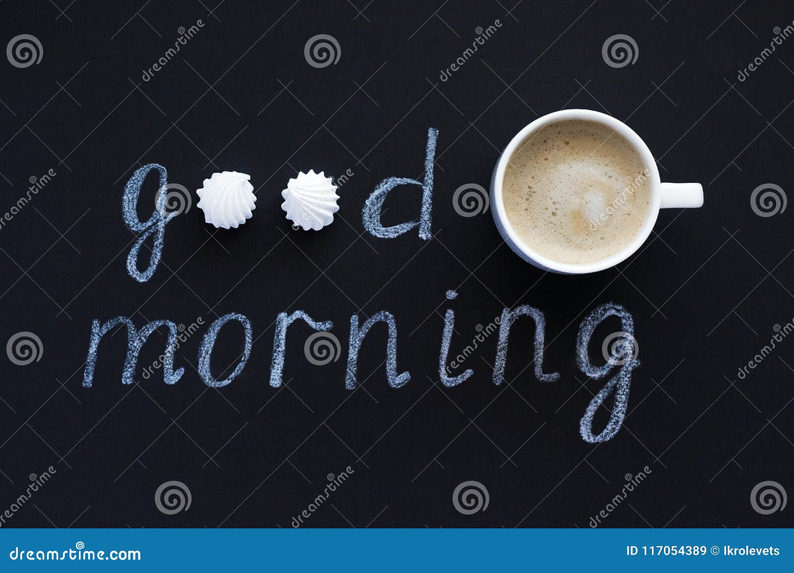 Text Good Morning with Chalk on Black Background Cup Coffee and Stock ...