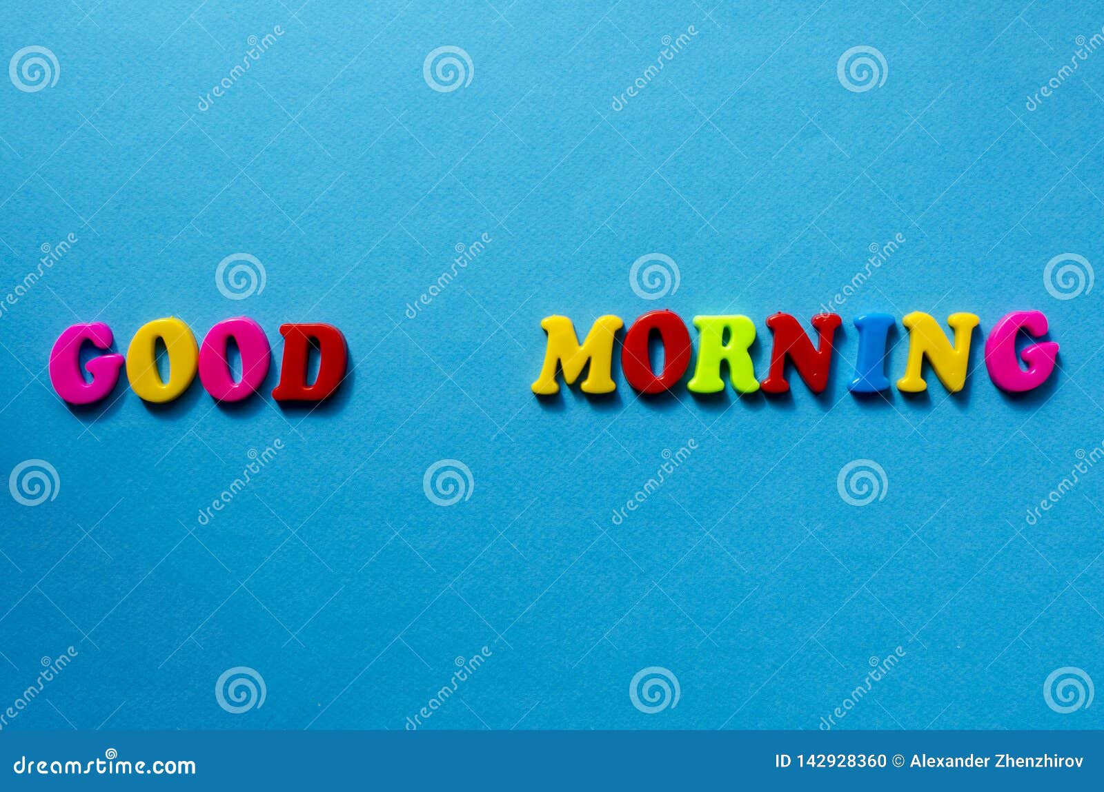 Text Good Morning from Plastic Colored Letters on Blue Paper ...