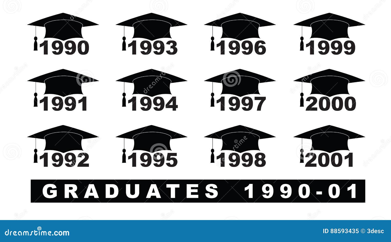Text with Graduation Hat 19902001 Set on a White Illustration Stock