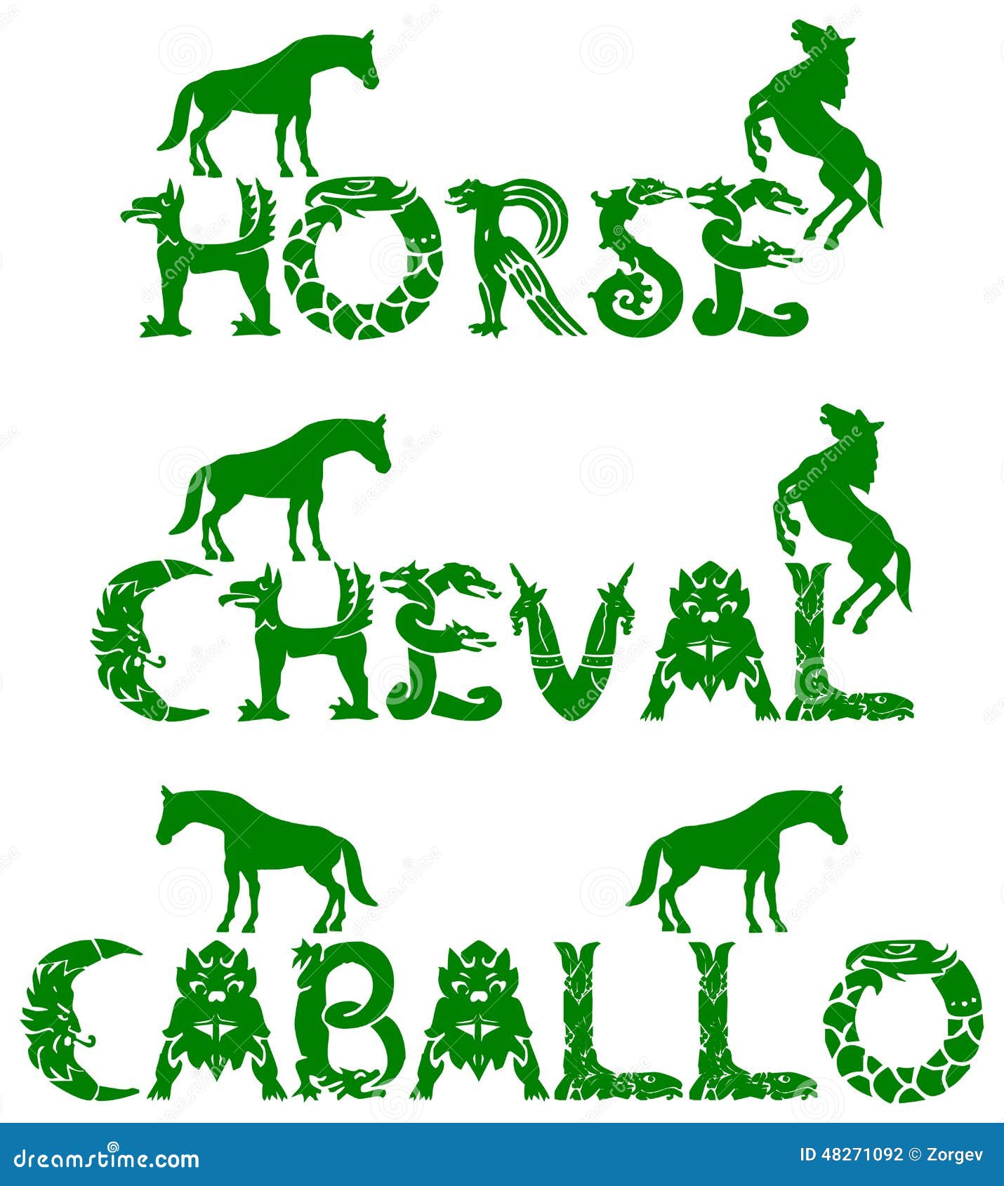 Text horse in 3 languages stock illustration. Illustration of font