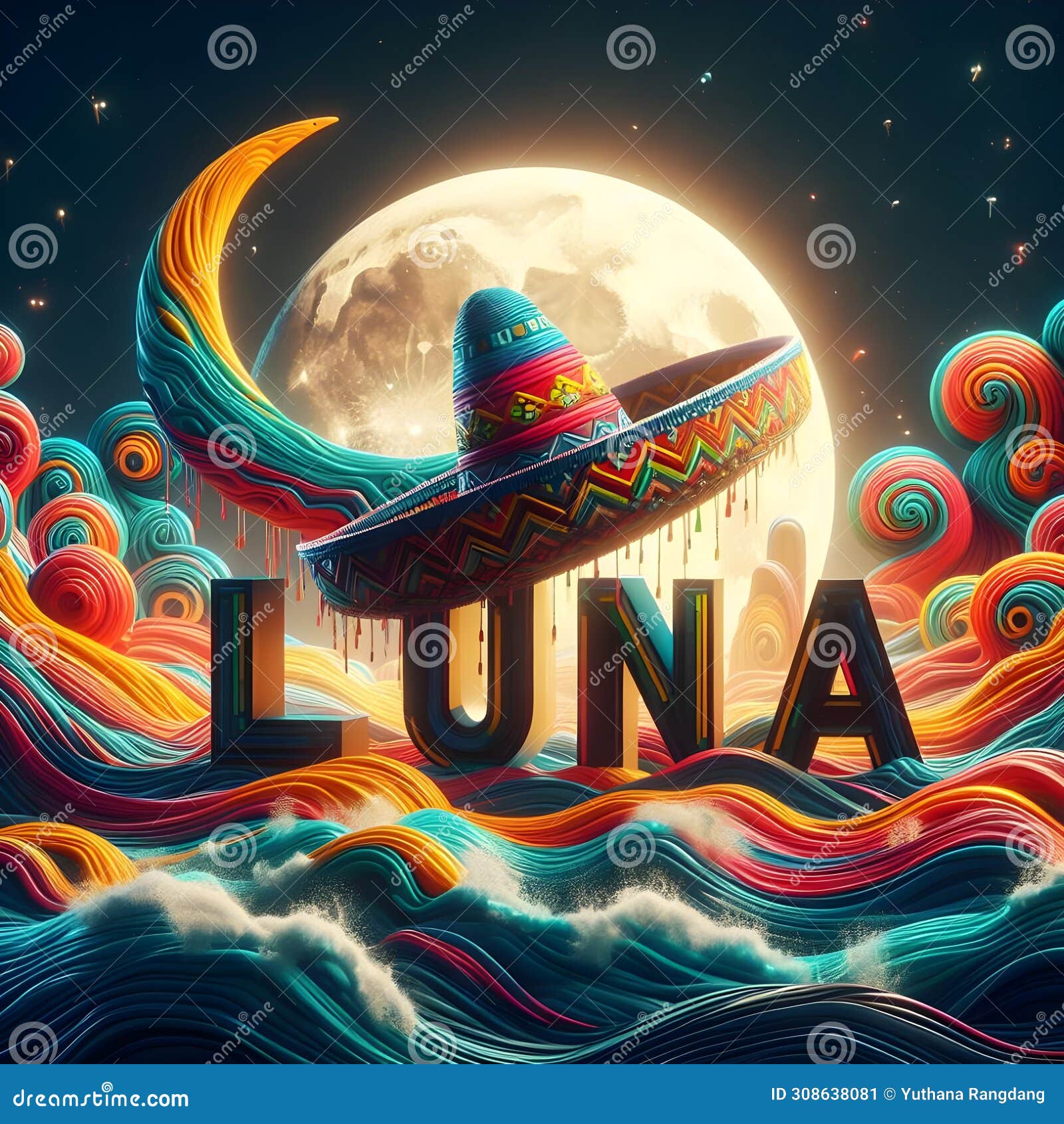 text luna with mexican style multicolor letters and multicolor waves of water.