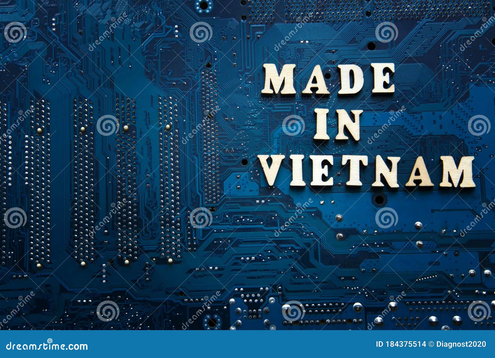 Text Made in Vietnam on a Blue Electronic Printed Circuit Board