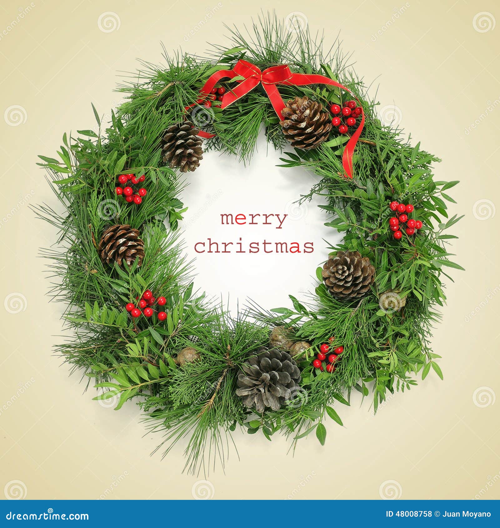Text Merry Christmas and Natural Christmas Wreath, with a Retro Stock ...