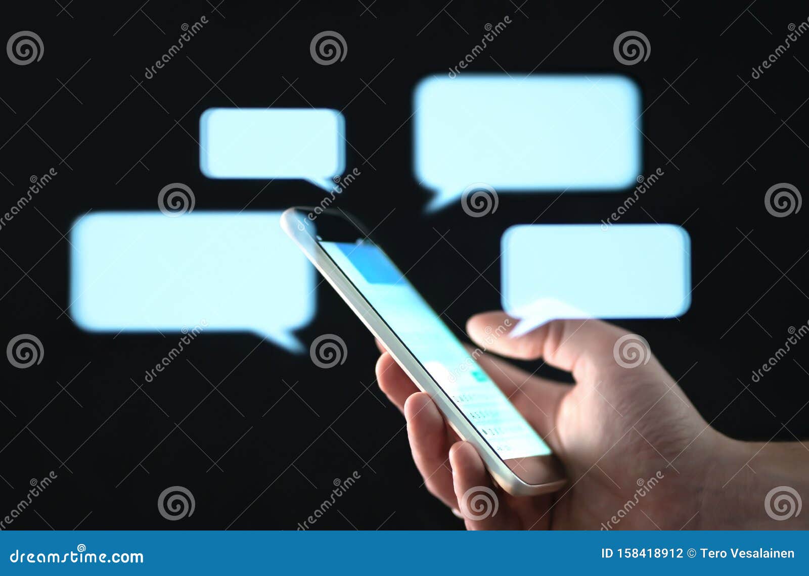 text messages in cellphone screen with abstract hologram speech bubbles. instant messaging app. texting, group chat, sexting.