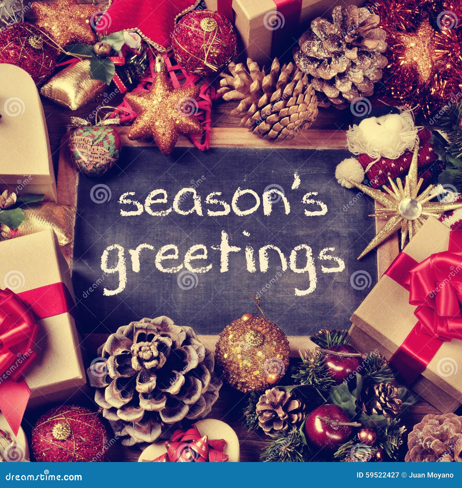 text seasons greetings, gifts and christmas ornaments, retro eff