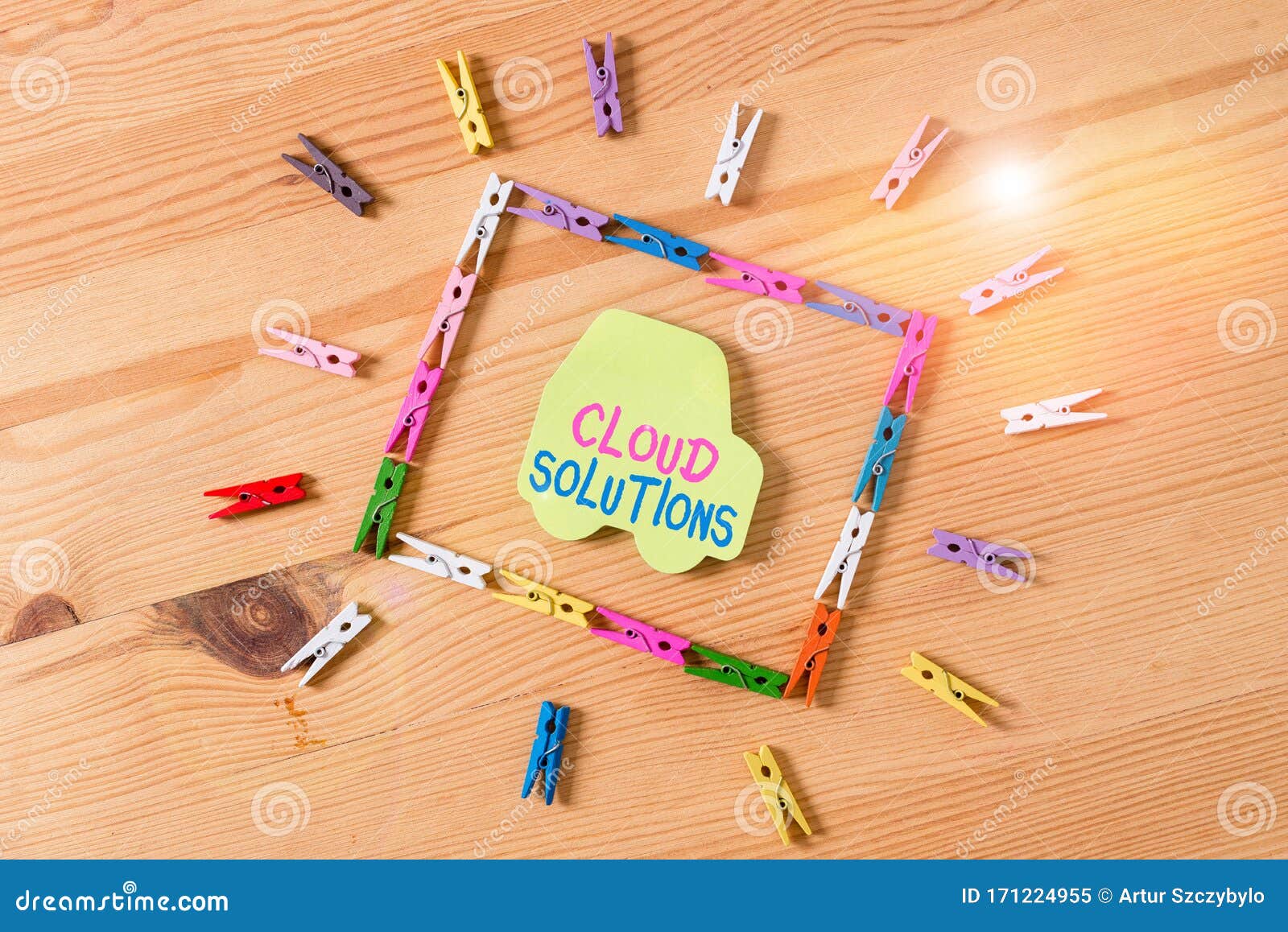 text sign showing cloud solutions. conceptual photo ondemand services or resources accessed via the internet colored clothespin