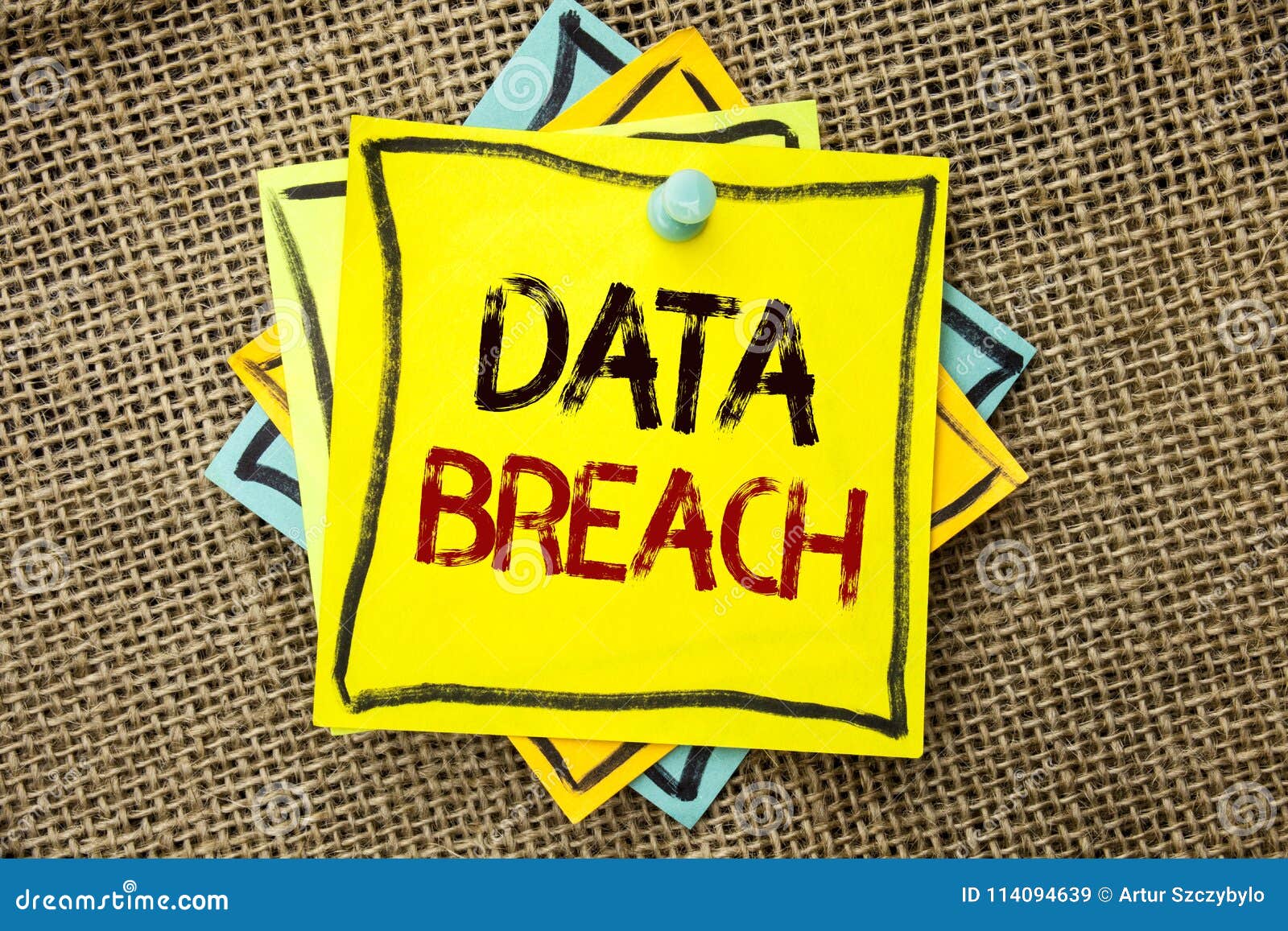 text sign showing data breach. conceptual photo stolen cybercrime information hacking security malicious crack written on sticky n