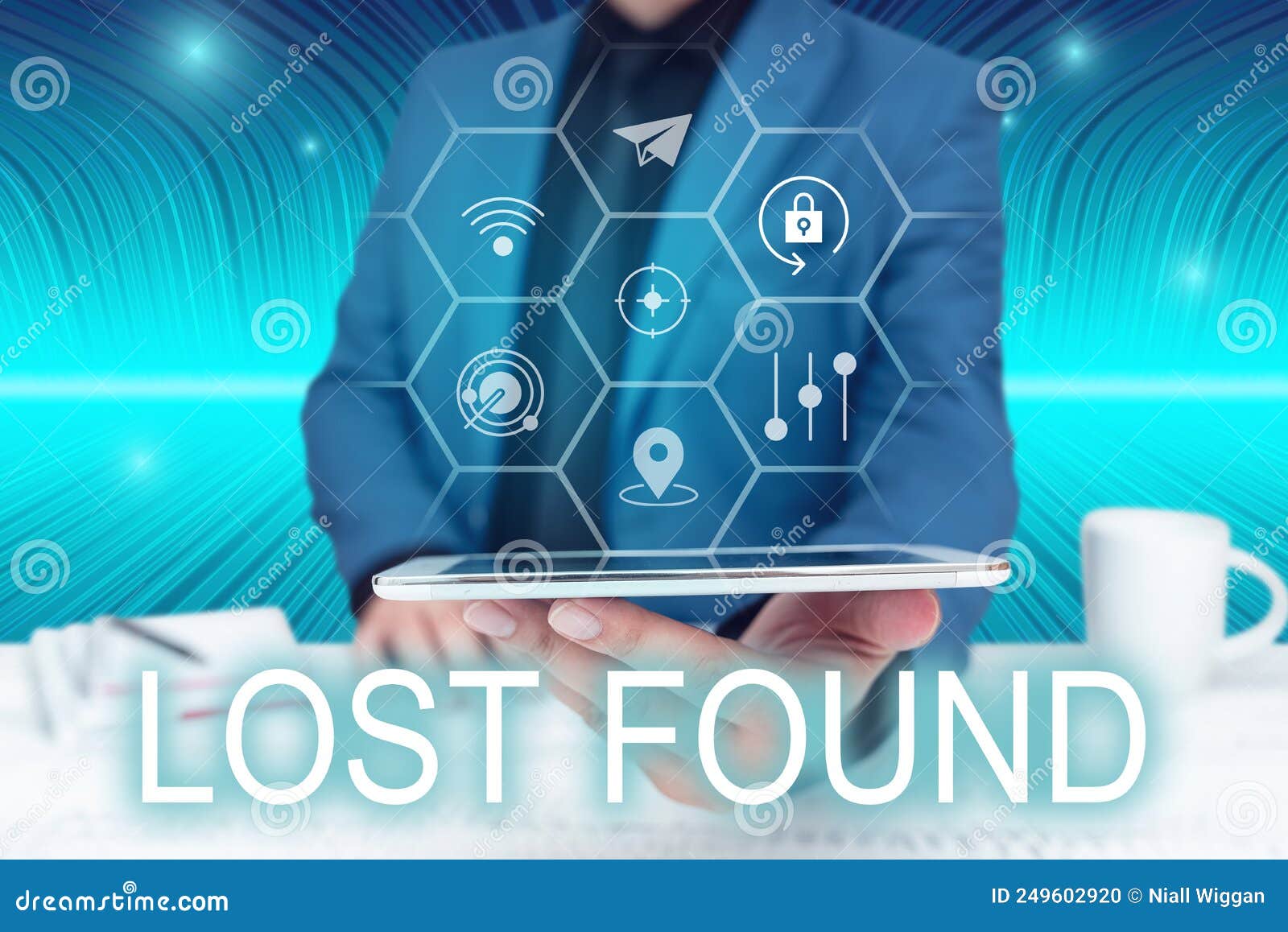 text sign showing lost found. business showcase things that are left behind and may retrieve to the owner businessman in