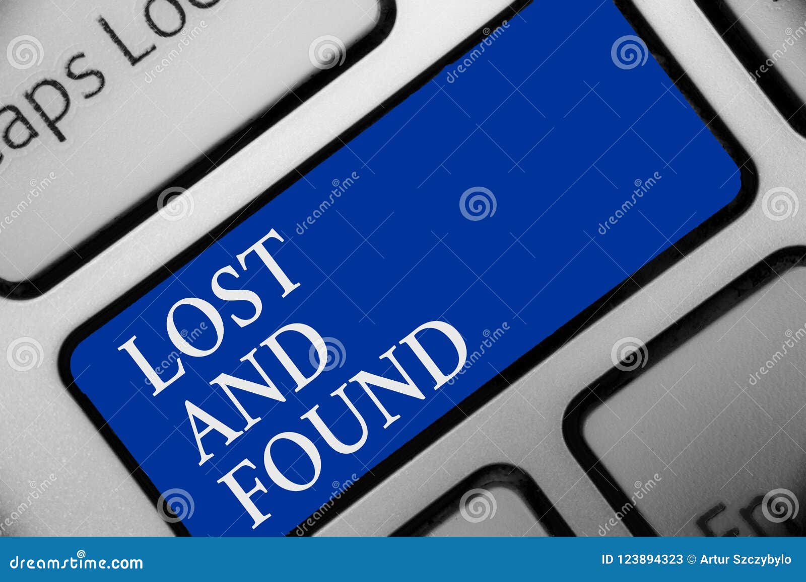 text sign showing lost and found. conceptual photo place where you can find forgotten things search service keyboard blue key inte