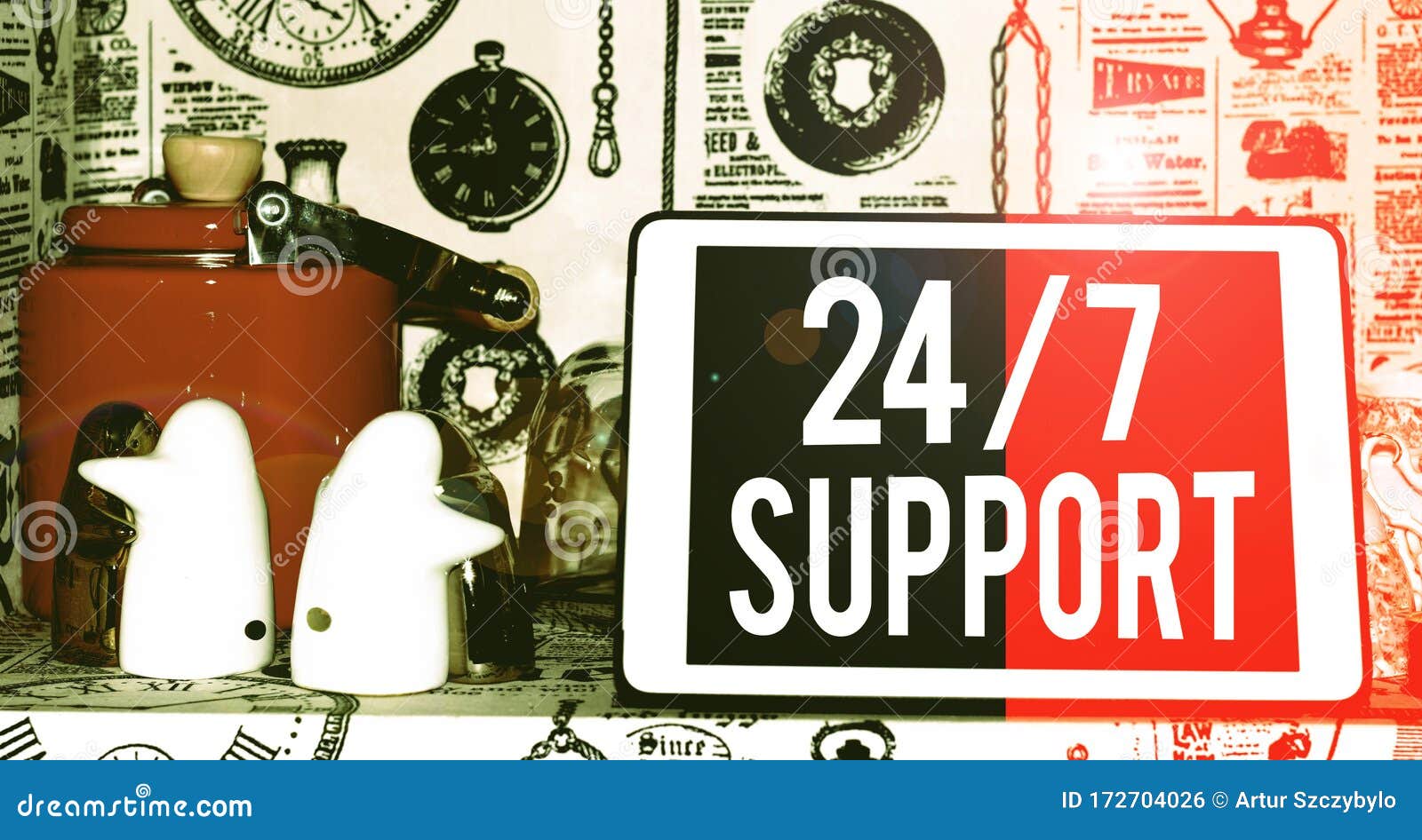text sign showing 24 or 7 support. conceptual photo twentyfour hours seven days a week support to client classic penguin ceramic