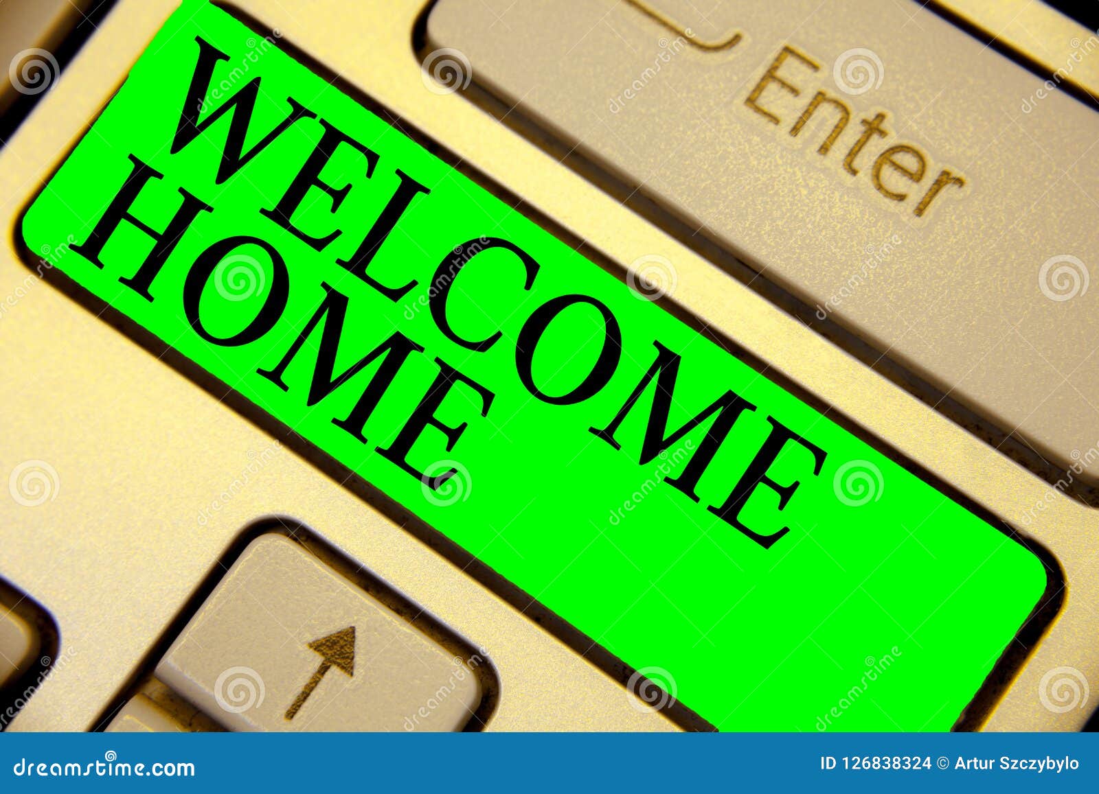 text sign showing welcome home. conceptual photo expression greetings new owners domicile doormat entry keyboard green key intenti