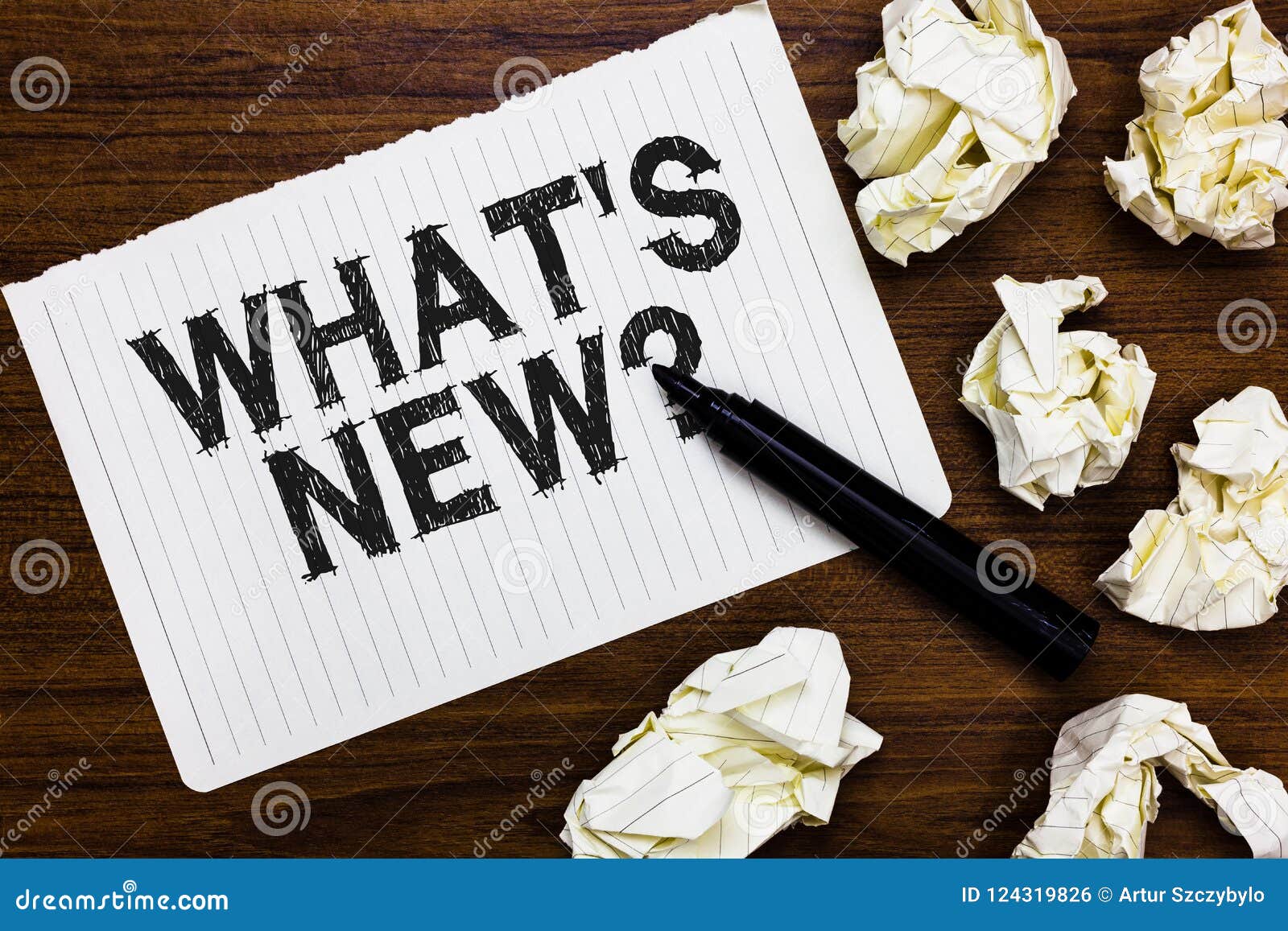 text sign showing what s is new question. conceptual photo asking about latest updates trends happening news marker over notebook