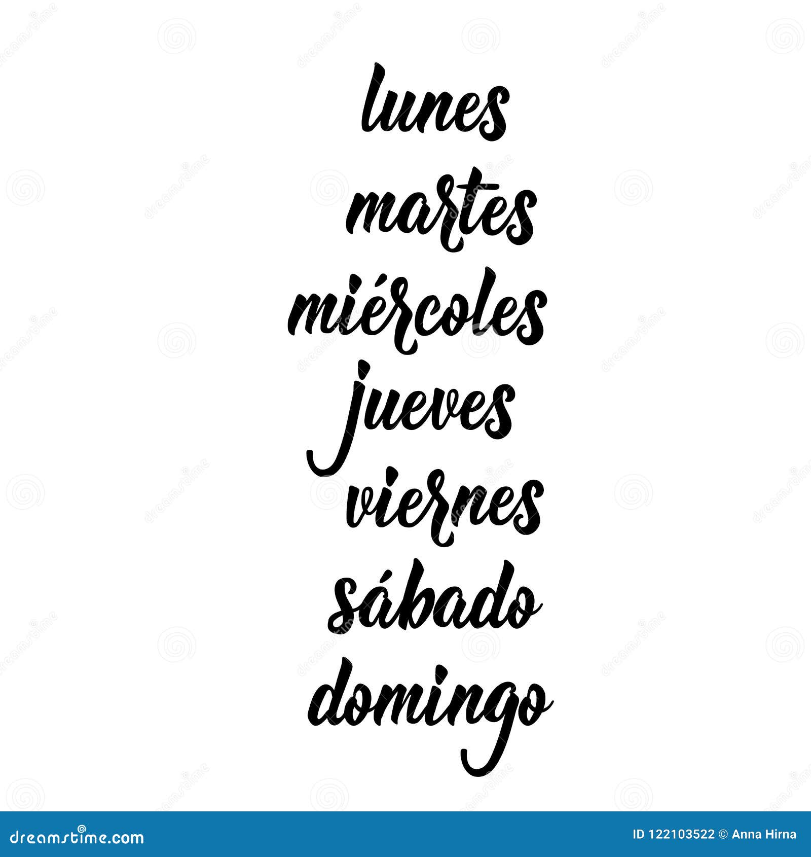 text in spanish: monday, tuesday, wednesday, thursday, friday, saturday, sunday. lettering. calligraphy  . lunes