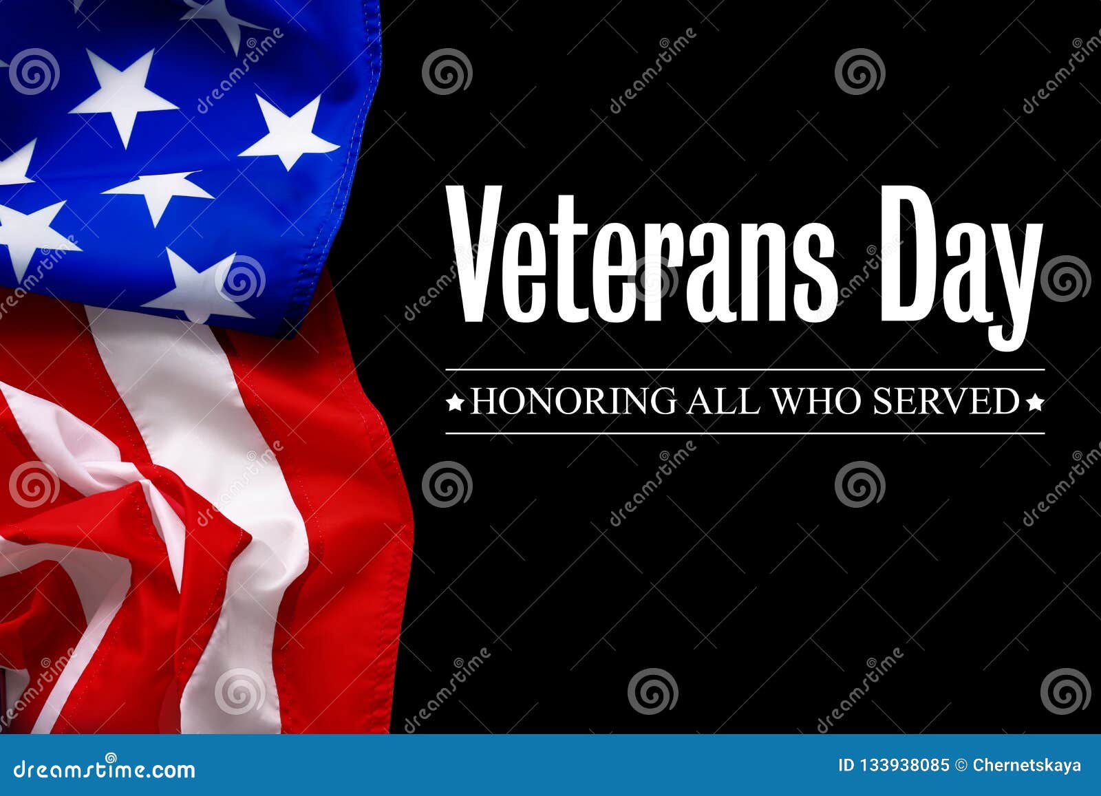 Text VETERANS DAY and USA flag on black background.