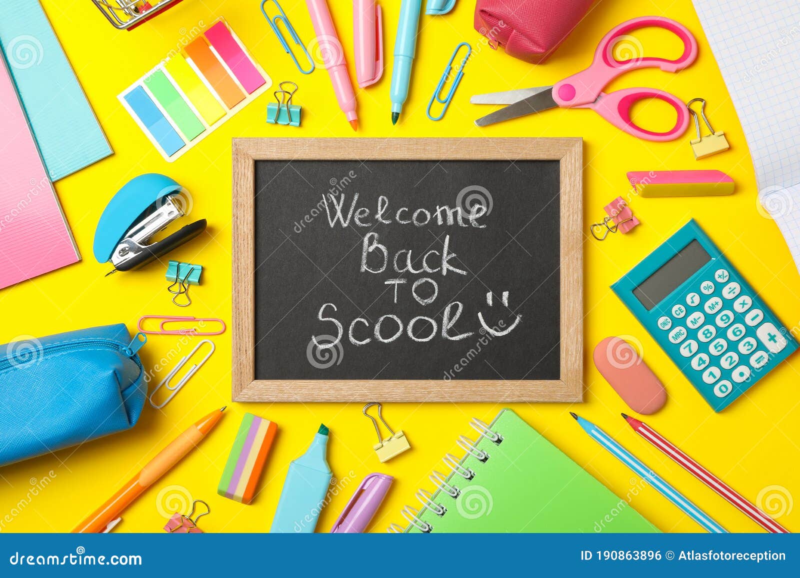 Text Welcome Back To School And School Supplies On Background Stock Photo Image Of Inscription Yellow