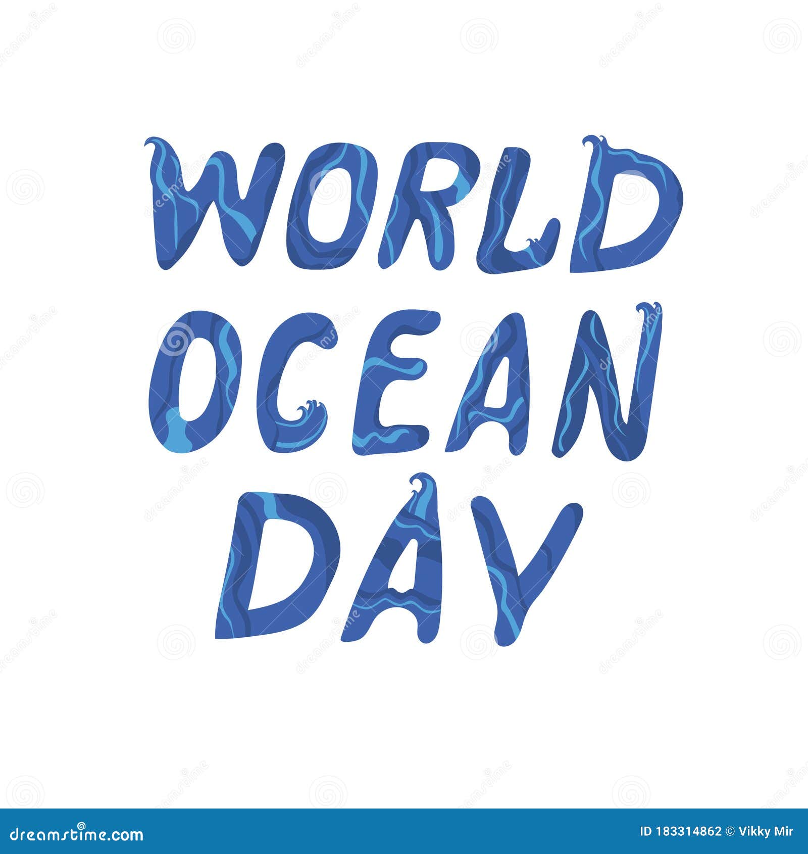 the text world ocean day or cute wave lettering  on white background for , blue  stock  with comic